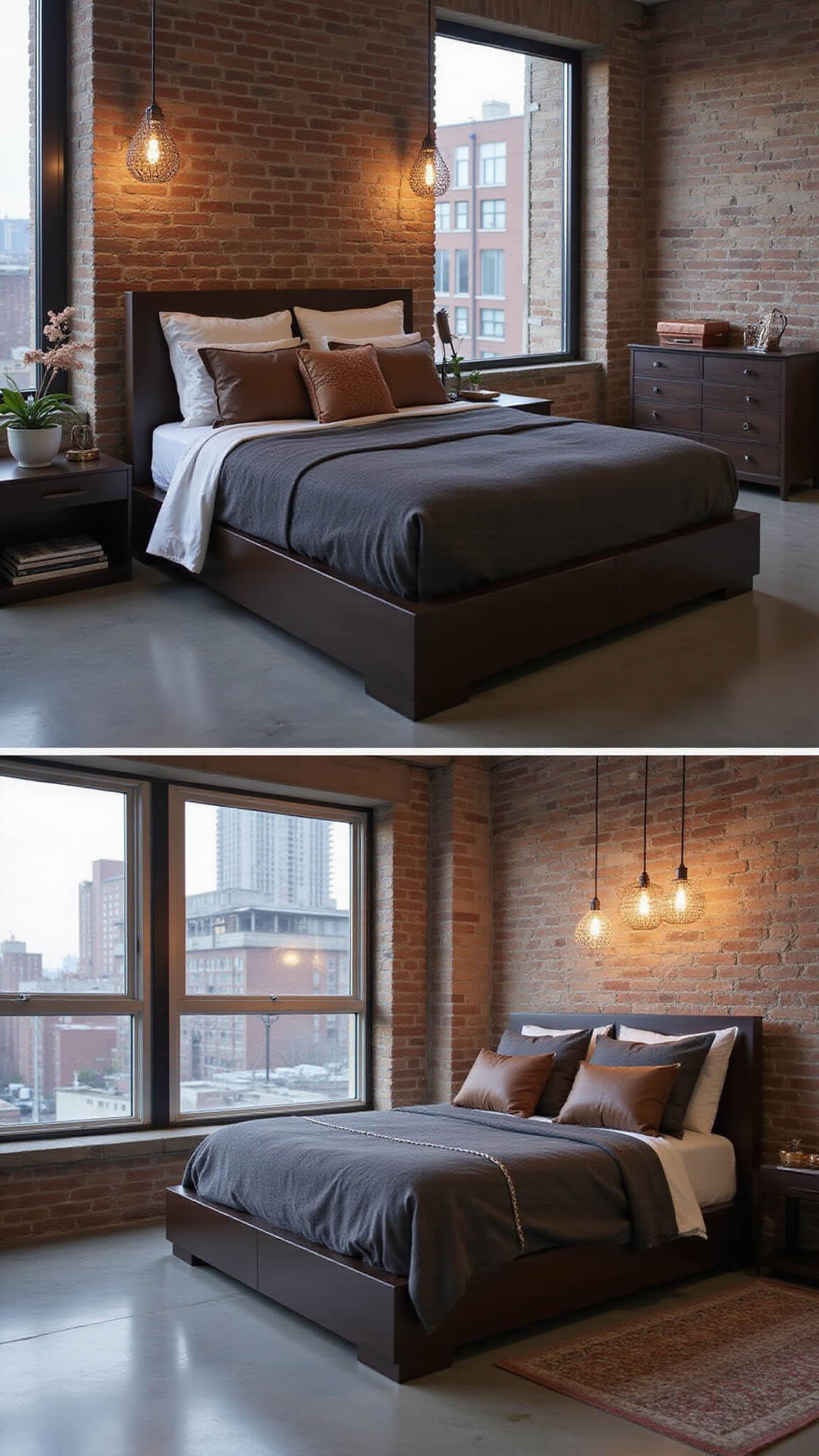 Contemporary loft bedroom at dusk with mid-century espresso platform bed, charcoal linens, copper accents, industrial windows, concrete floors, and exposed brick walls.