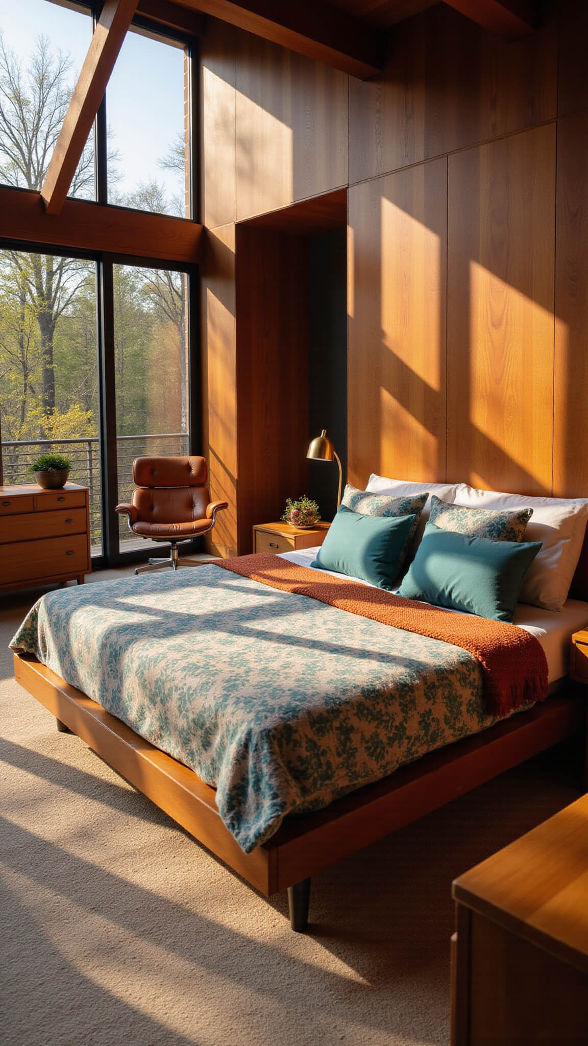 Mid-century modern bedroom with king platform bed, teal and rust bedding, warm golden hour light, Eames lounge chair, and walnut paneling.