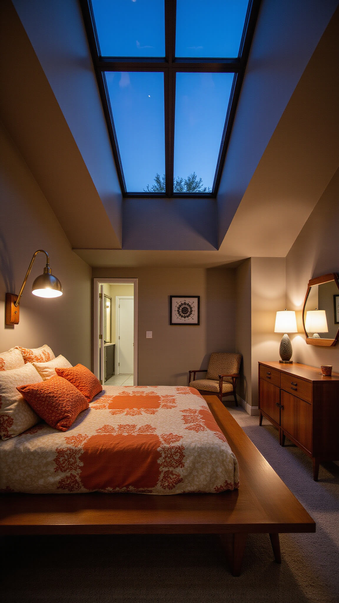 Modernist 14x16ft bedroom at dusk with retro rust orange bedding, vintage brass sconces, Danish dresser, clerestory windows, and mid-century decor.
