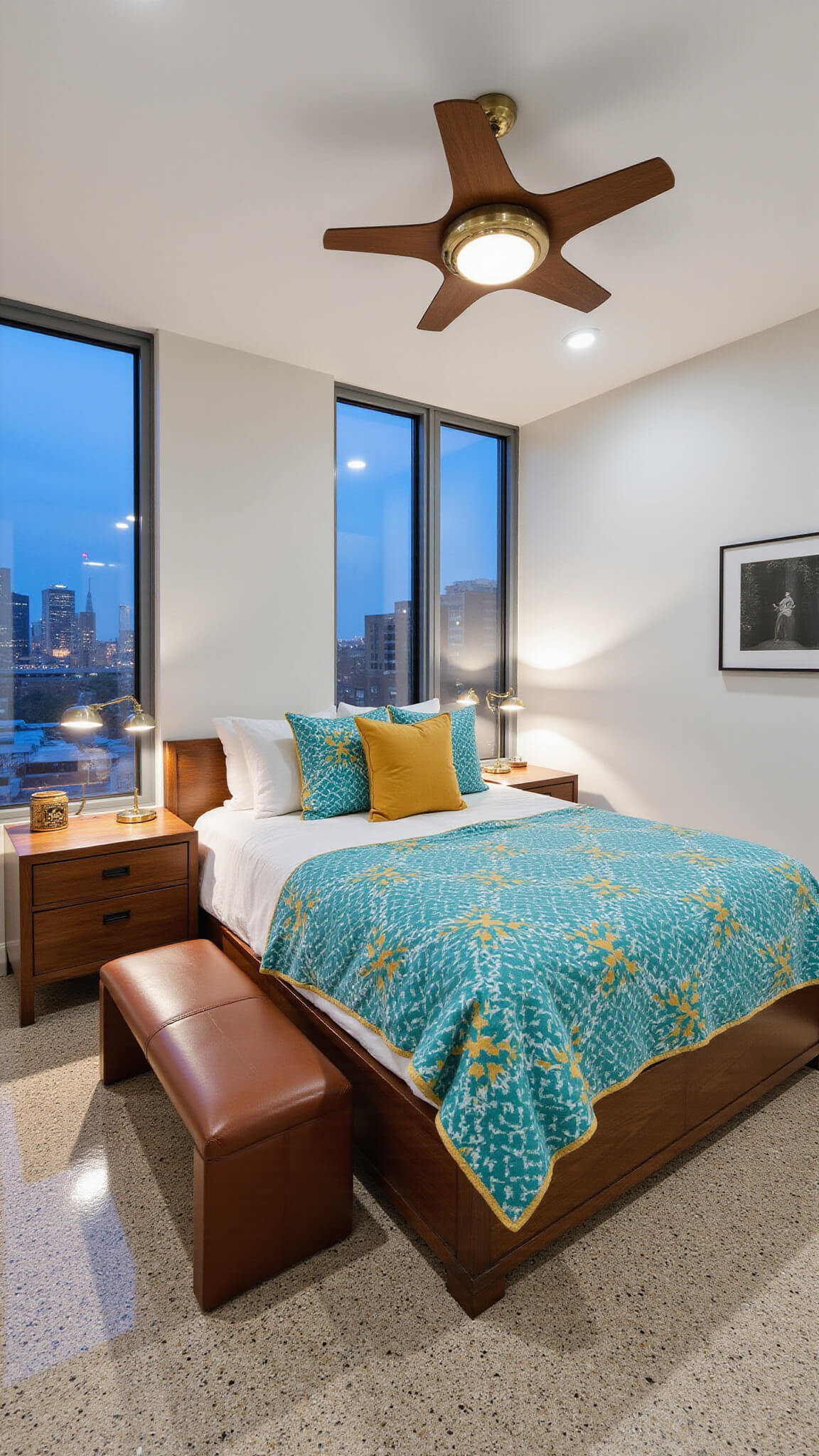 Airy 16x20ft primary bedroom at blue hour with California king bed, bold teal and marigold bedding, terrazzo floors, vintage decor, and city views through floor-to-ceiling windows.