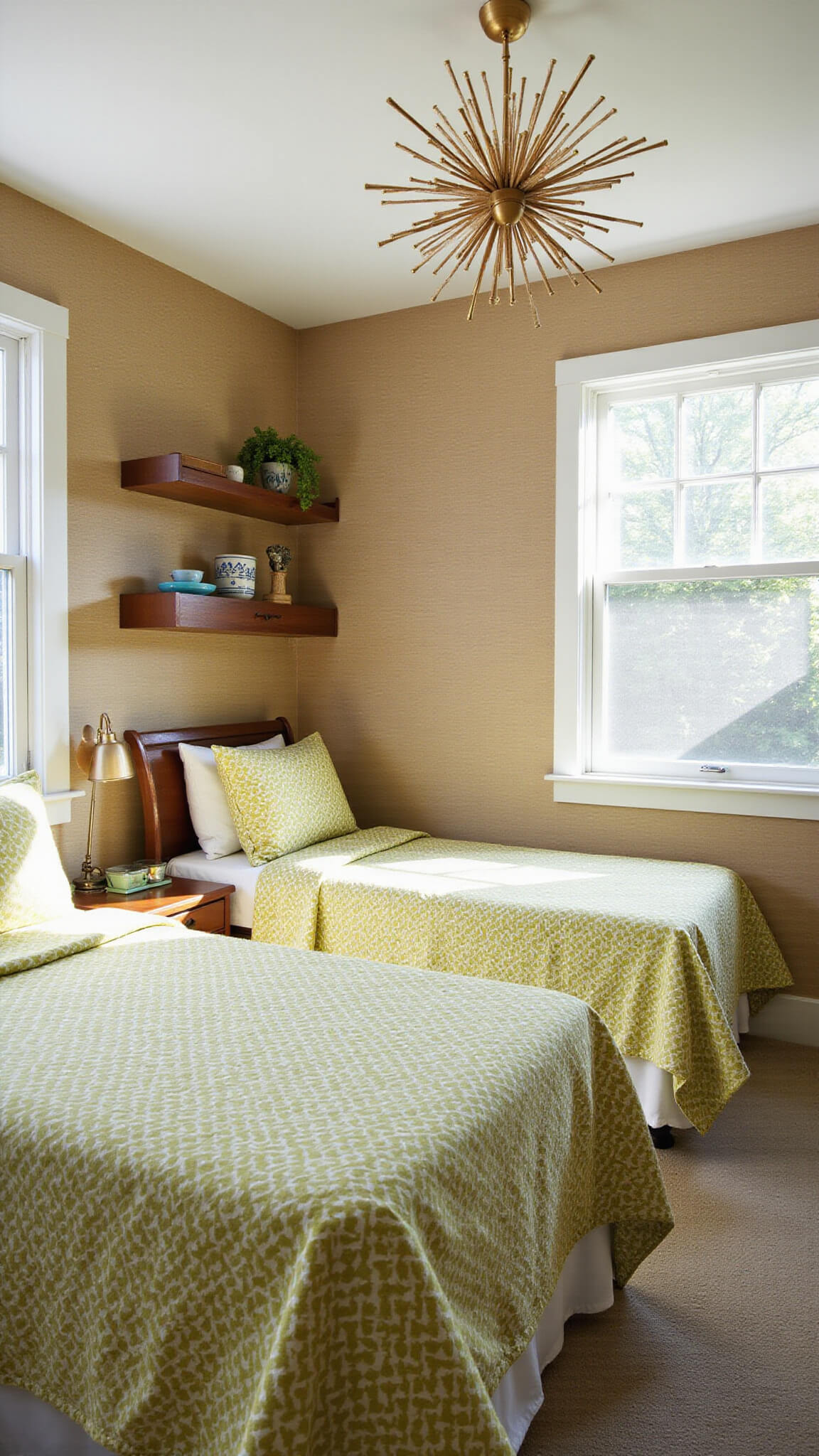 Mid-morning sunlight fills a 13x15ft guest bedroom with twin beds in olive green and white geometric coverlets, vintage teak furniture, floating shelves with ceramics, grass cloth wallpaper, and a sputnik chandelier.