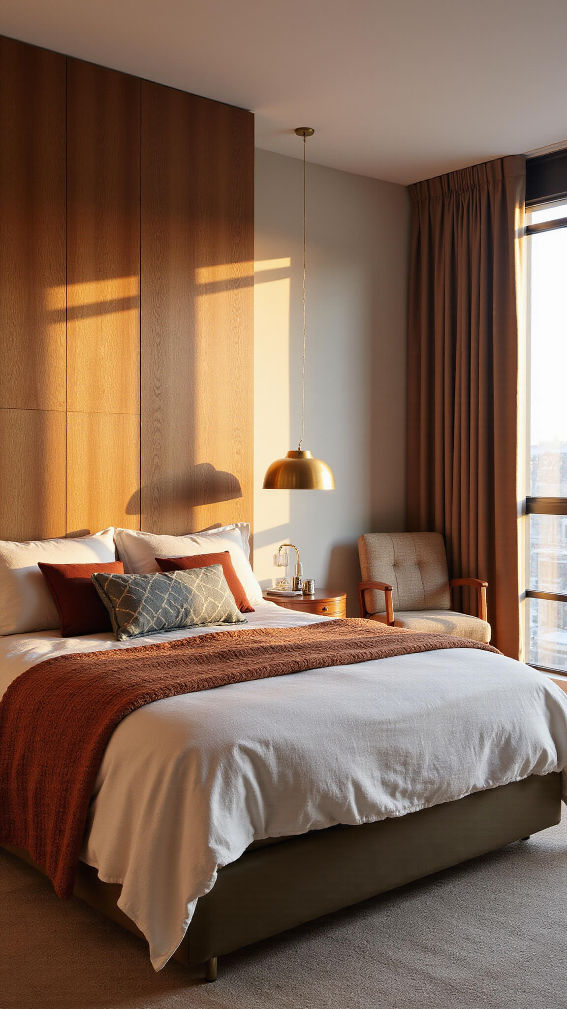 Modern 15x17ft primary bedroom at sunset with queen bed in earthy textiles, mid-century chair in sitting area, brass accents, walnut paneling, and golden hour lighting.