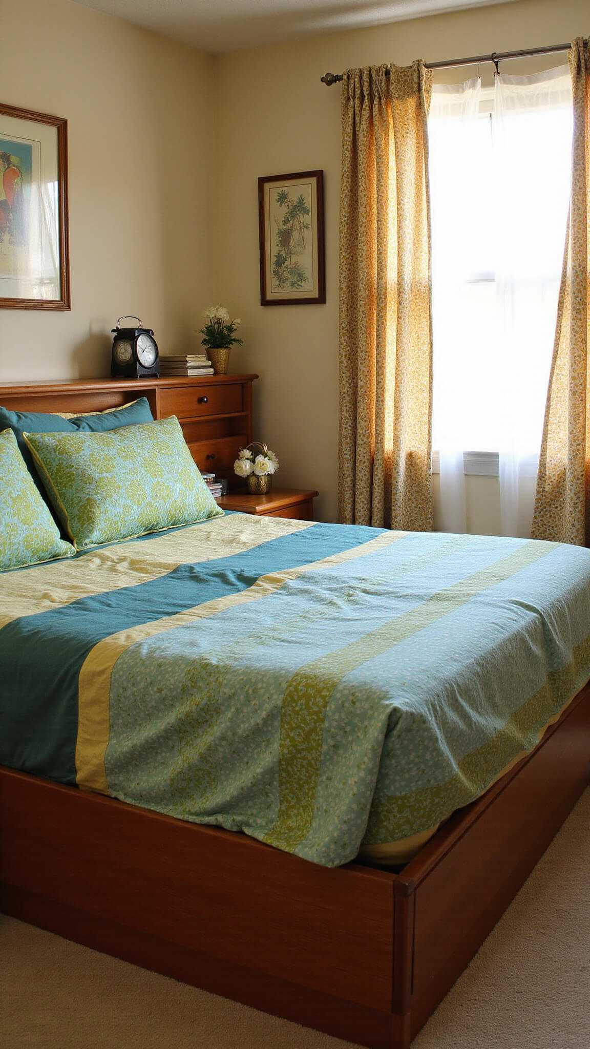 Mid-century style compact bedroom with full-size bed in bold teal, olive, and marigold patterns, built-in storage, vintage decor, and soft golden hour lighting through sheer curtains.