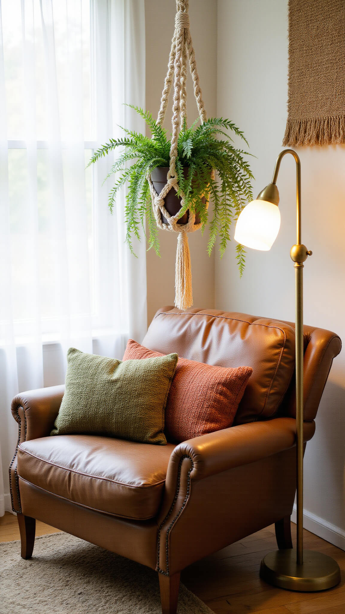 Cozy reading nook with hanging Boston fern in macrame holder, leather armchair with rust and olive cushions, and warm morning light filtering through sheer curtains.