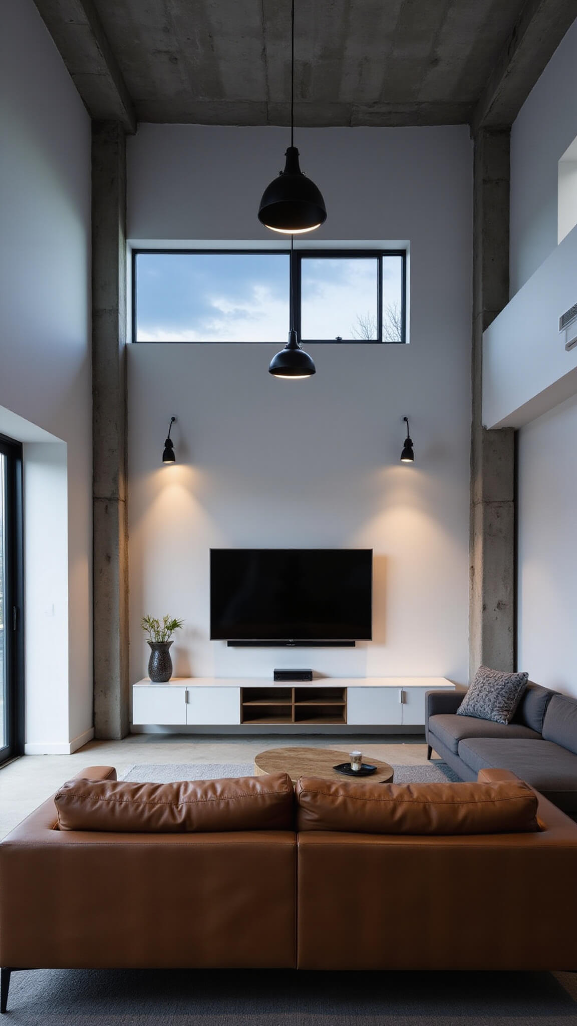 Minimalist living room with exposed concrete beams, white media console, and cognac leather lounger, softly lit at dusk with industrial pendant lights.