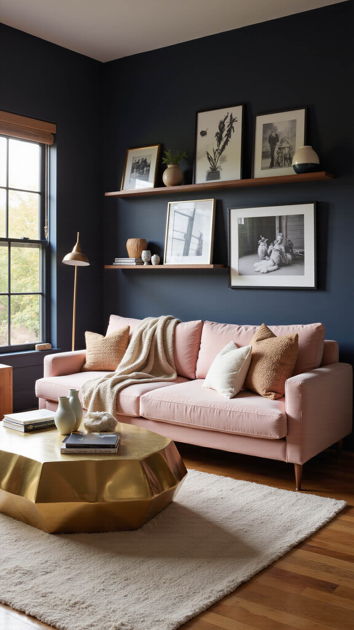 Artfully lit 15x18ft living room at golden hour with navy feature wall, blush velvet sofa, brass coffee table, monochrome photo gallery, and textured decor.