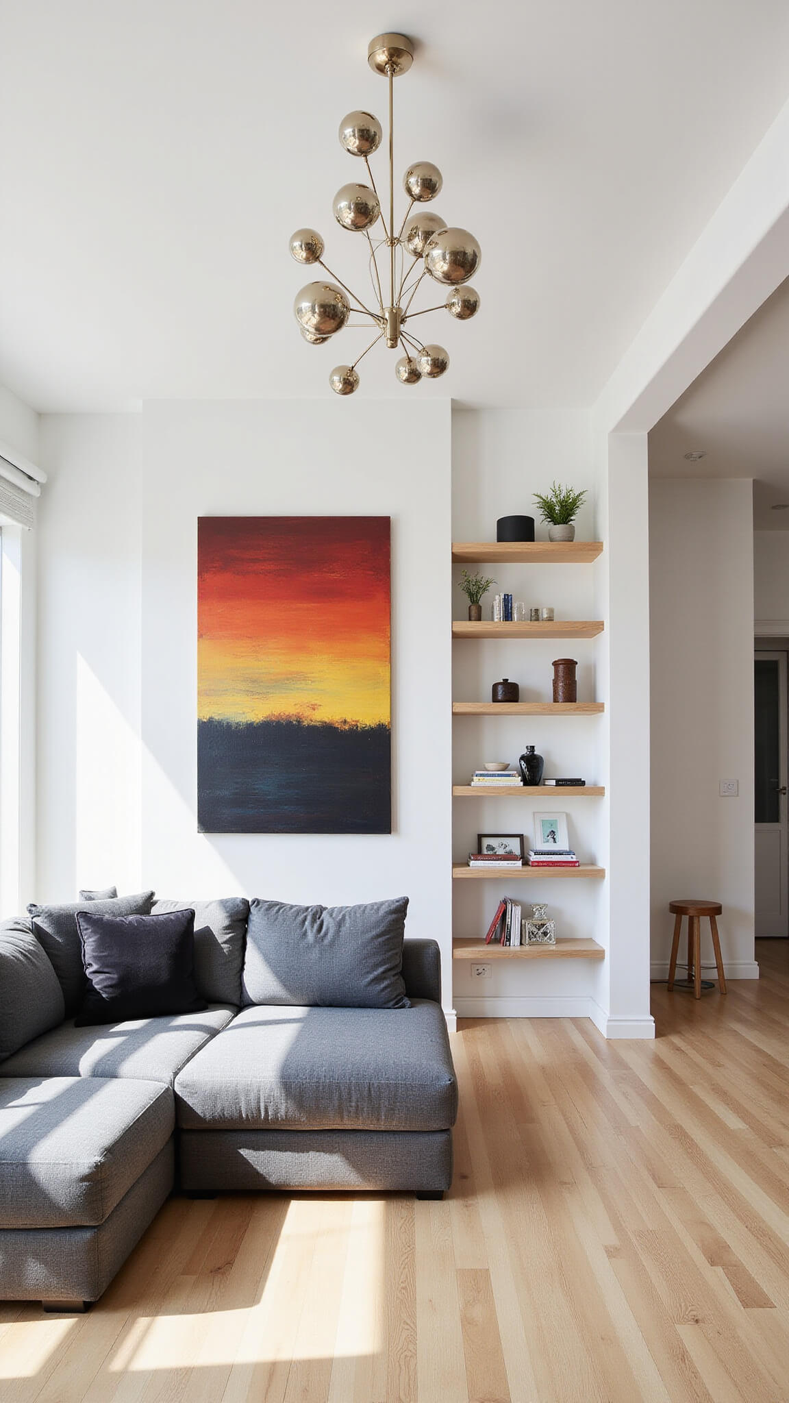 Modern open-concept living room with gray sectional on light oak floors, abstract sunset-colored artwork, globe pendant lights, and styled floating shelves in soft midday light.