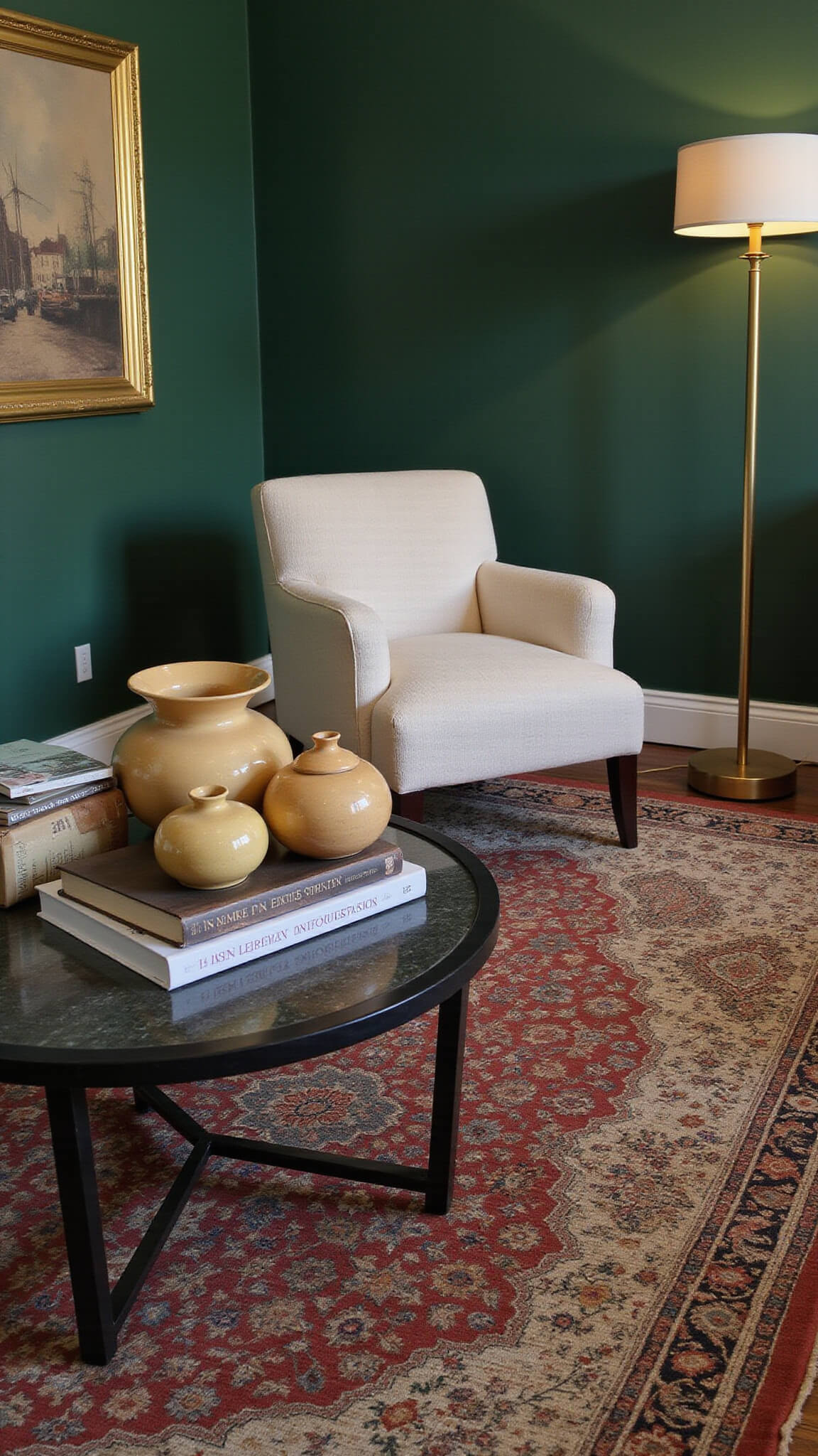 Cozy 14x16ft sitting room at twilight with emerald green accent wall, cream curved bouclé chair, layered Moroccan and sisal rugs, brass lamps casting warm light, and a styled coffee table with ceramics and art books.