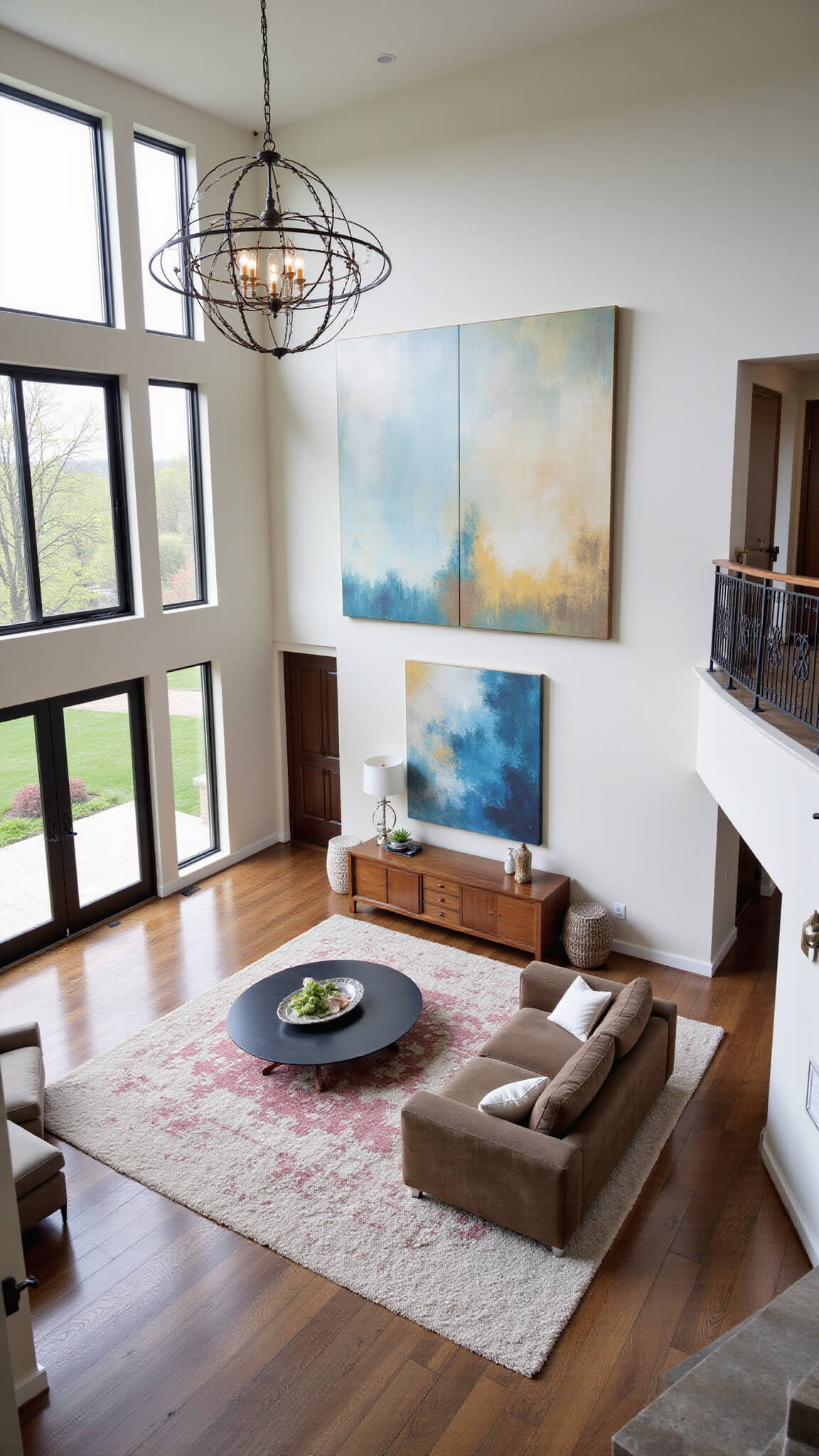 Contemporary 24x30ft great room with double-height windows, large velvet sectional, abstract diptych, sculptural chandelier, layered rugs, and floating staircase wall, viewed from mezzanine in natural midmorning light.
