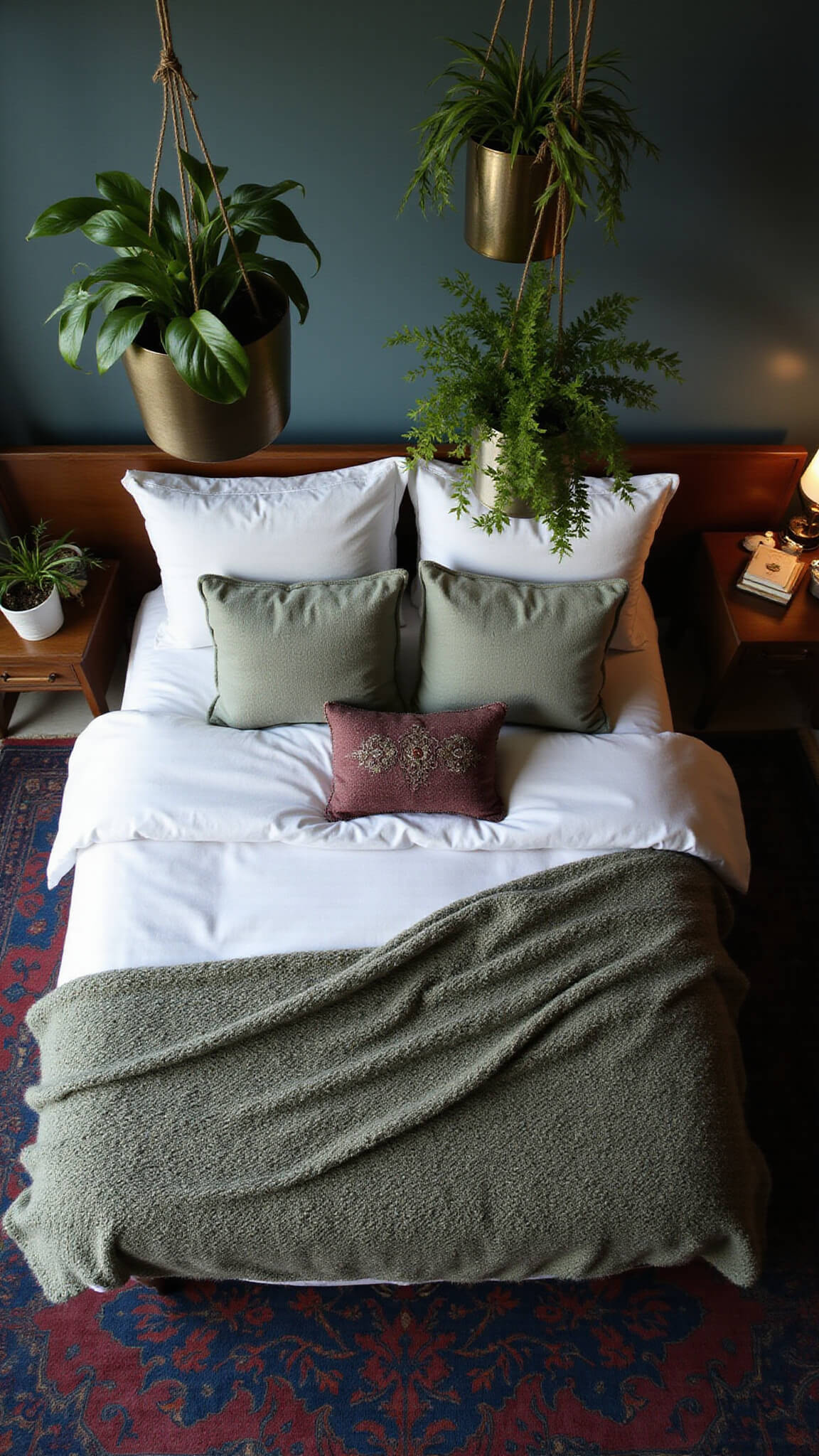 Overhead view of a cozy queen bed at twilight with hanging plants, layered bedding in white, sage, and mauve, and a vintage indigo Turkish rug.
