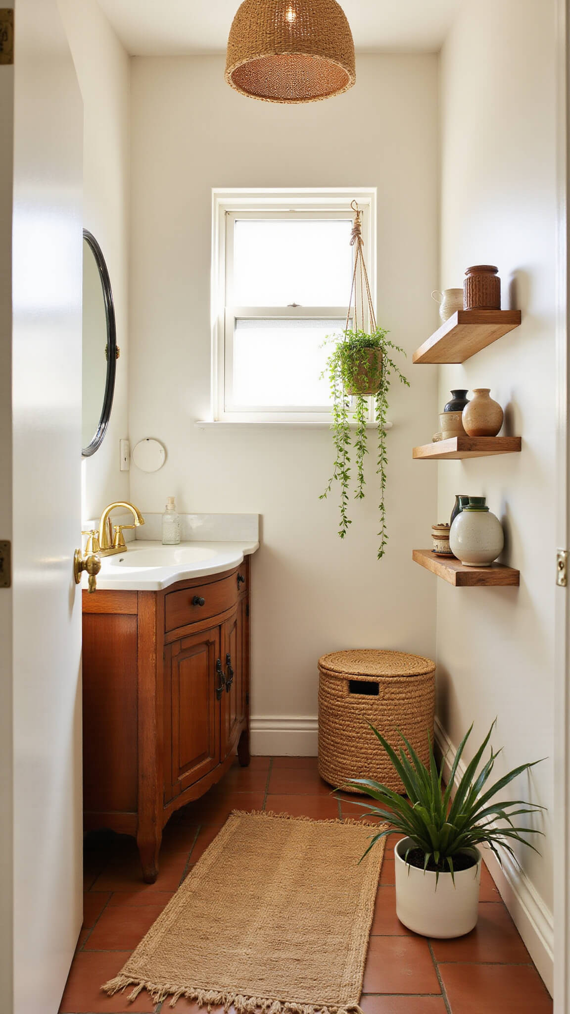 Bohemian-style 5x7 bathroom with warm morning light, vintage wood vanity, terra cotta floor tiles, macramé plant hanger, rattan mirror, and natural textured decor.