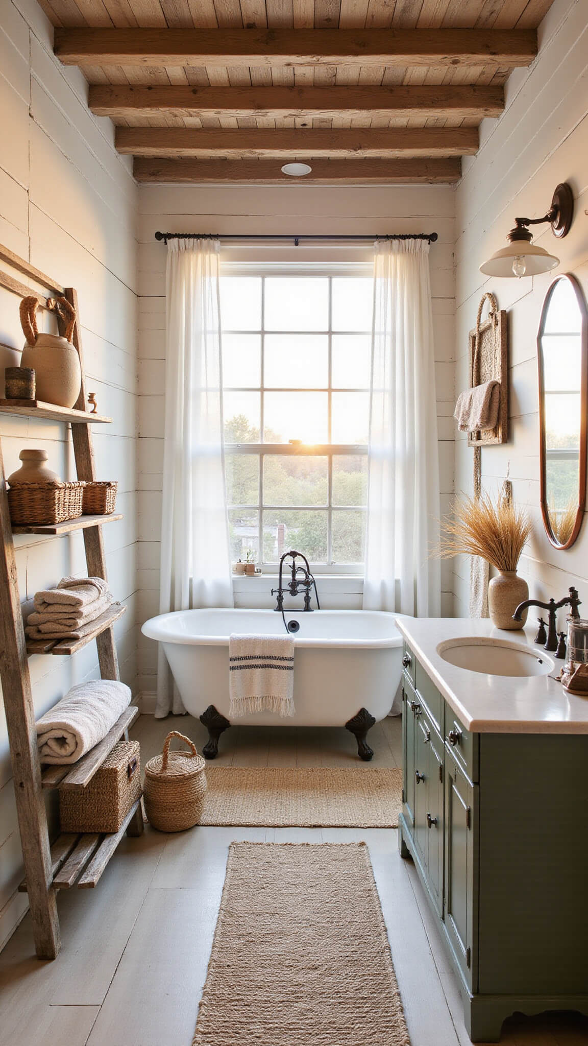 Boho farmhouse bathroom at golden hour with clawfoot tub, wood beam ceiling, shiplap walls, and rustic decor featuring natural materials.