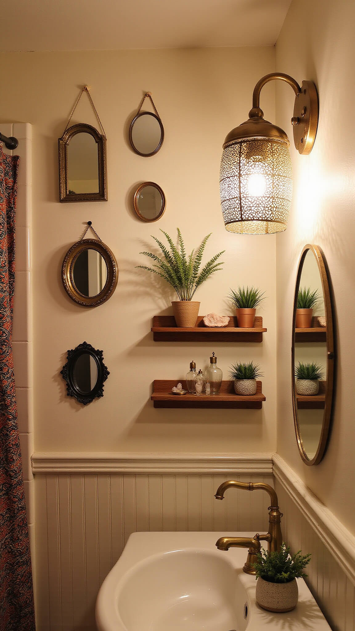 Cozy bathroom at dusk with vintage mirror gallery wall, Moroccan pendant casting shadows, floating wooden shelves holding crystals, air plants, pottery, and rich patterned textiles in cream and jewel tones.