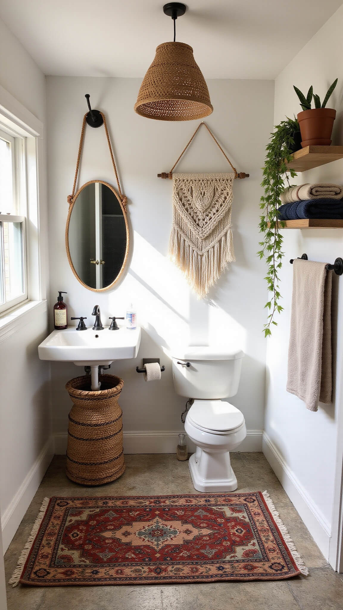 High-angle view of a small boho bathroom with layered textiles, vintage Persian rug on penny tile floor, woven hamper under floating vanity, macramé wall hanging around oval mirror, rattan pendant casting shadows, and decor in warm neutrals with rust and indigo accents.