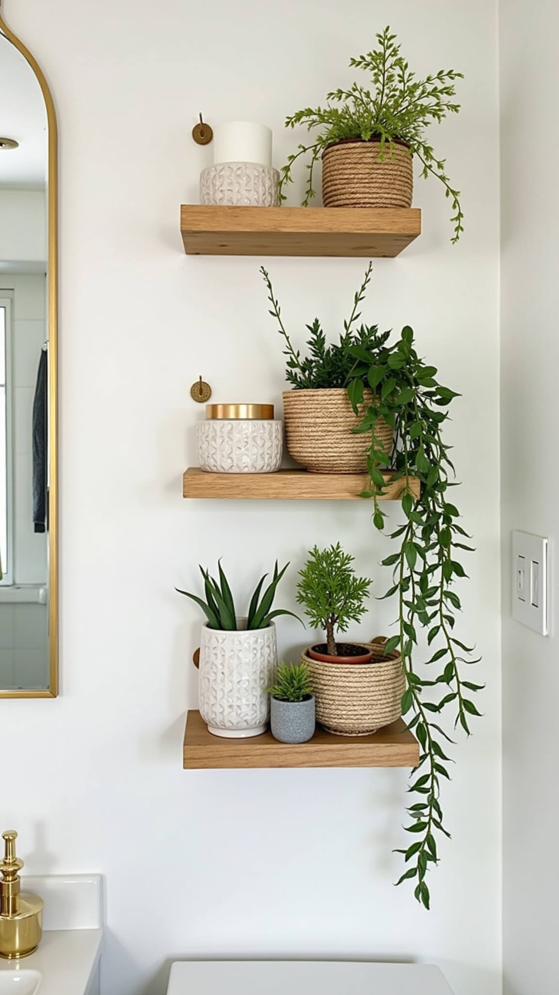 Detail shot of three-tiered floating shelves in compact boho bathroom with baskets, plants, candles, and artistic objects; brass hardware and trailing greenery on white walls in warm morning light.