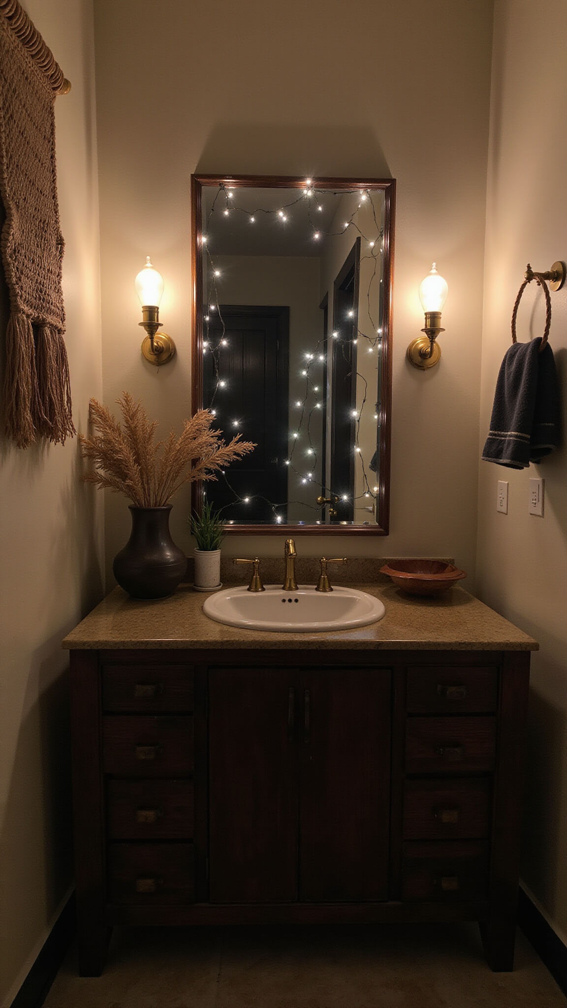 Cozy evening bathroom with fairy lights reflected in vintage brass mirror, warm sconce glow, textured wall hanging, dark wood vanity, and personal decor accents.