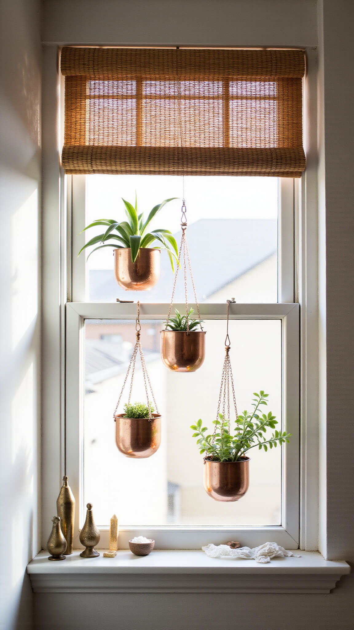 Three staggered hanging succulents in copper planters cast diagonal shadows on white walls, with crystals and vintage brass decor on the windowsill.