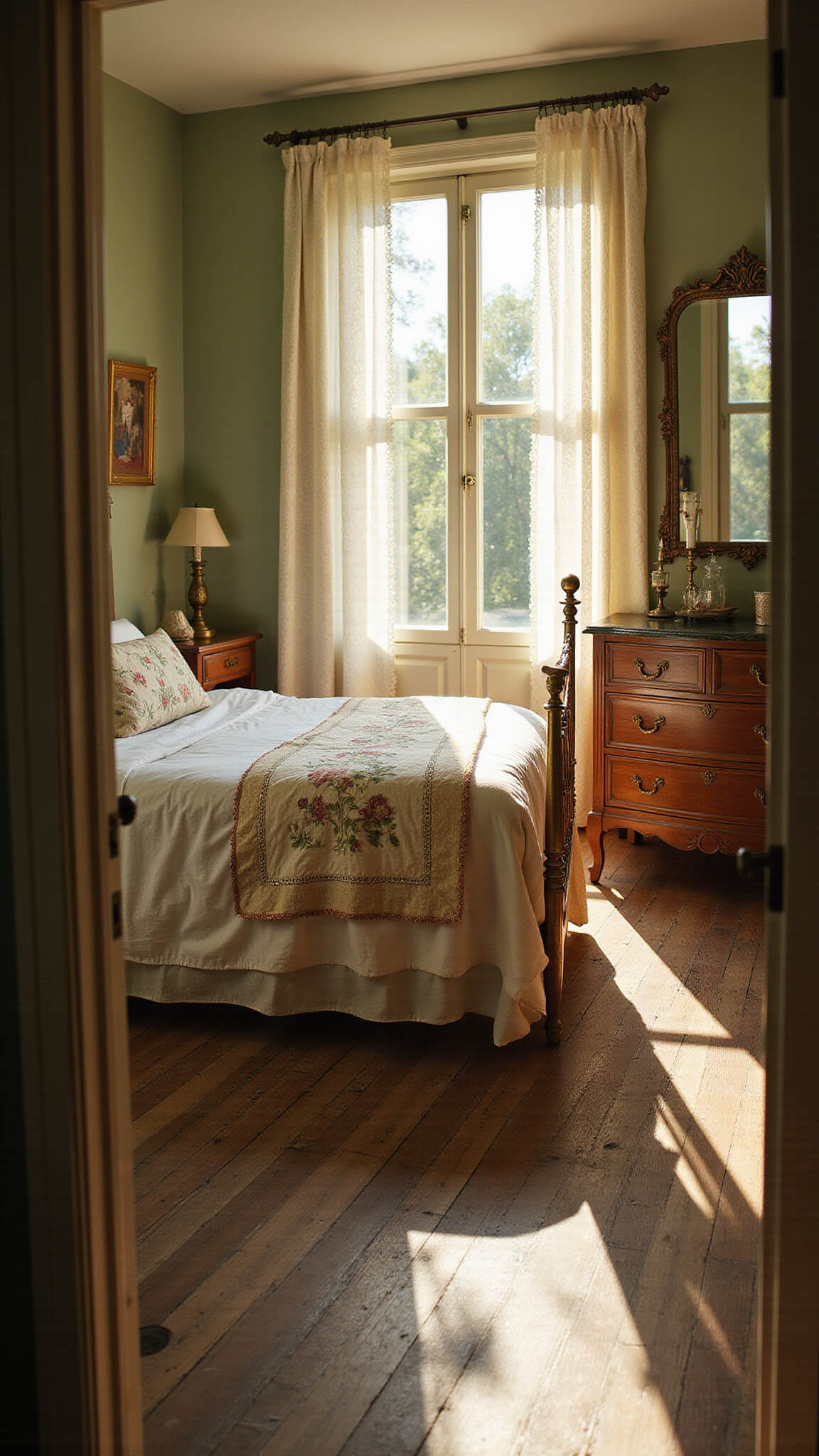 Vintage 14x16ft bedroom at golden hour with brass bed, ivory linens, sage green walls, oak floors, and soft light through lace curtains.