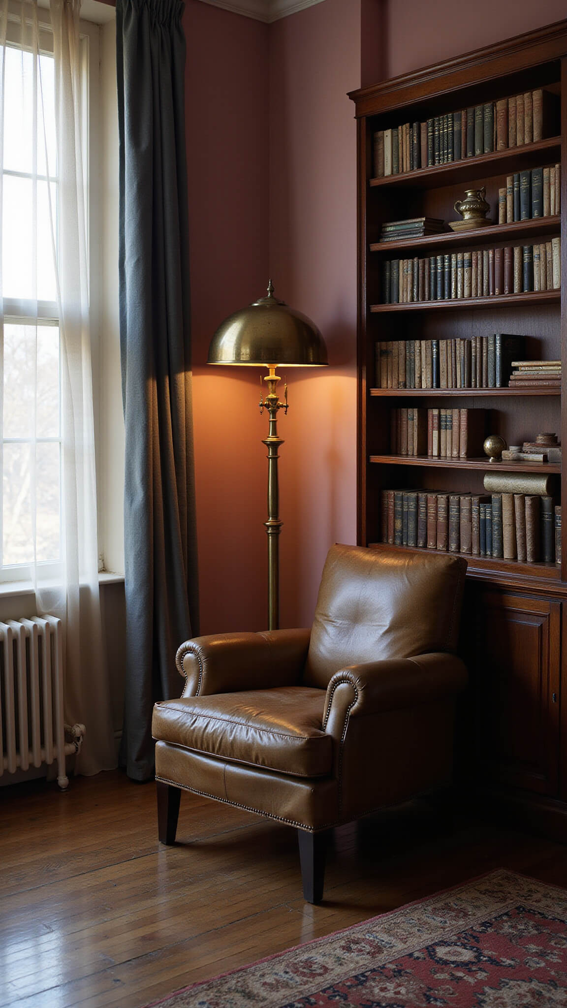 Low-angle view of a vintage bedroom reading nook at dawn with a weathered leather armchair, brass floor lamp, tall bookshelf of aged books, blush pink walls, and morning light filtering through sheer curtains onto antique brass frames.