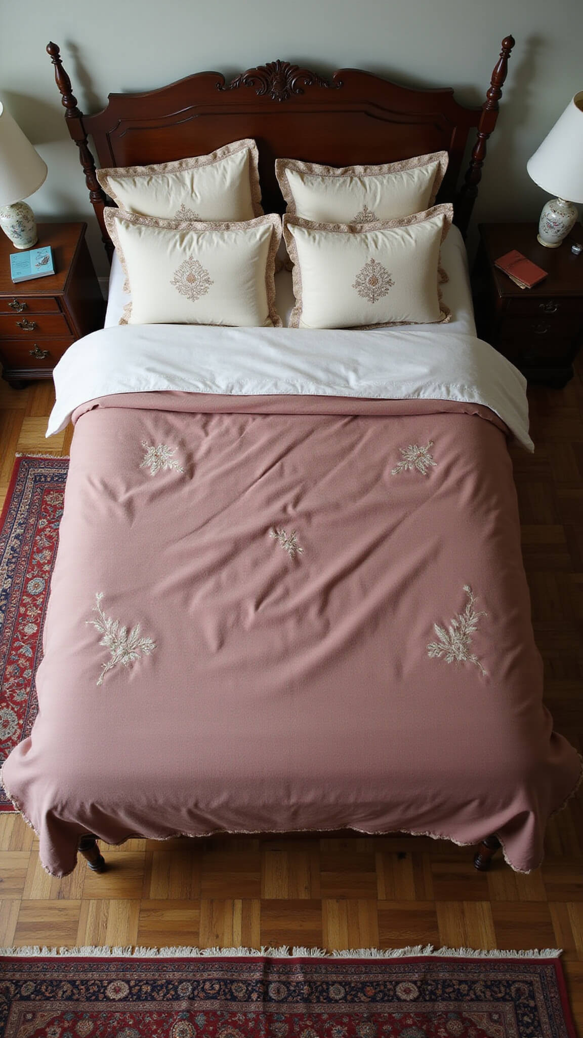 Overhead view of vintage-styled bed with cream linens, dusty rose velvet quilt, embroidered pillows, flanked by antique nightstands and porcelain lamps, on herringbone floor with Persian rug during blue hour.