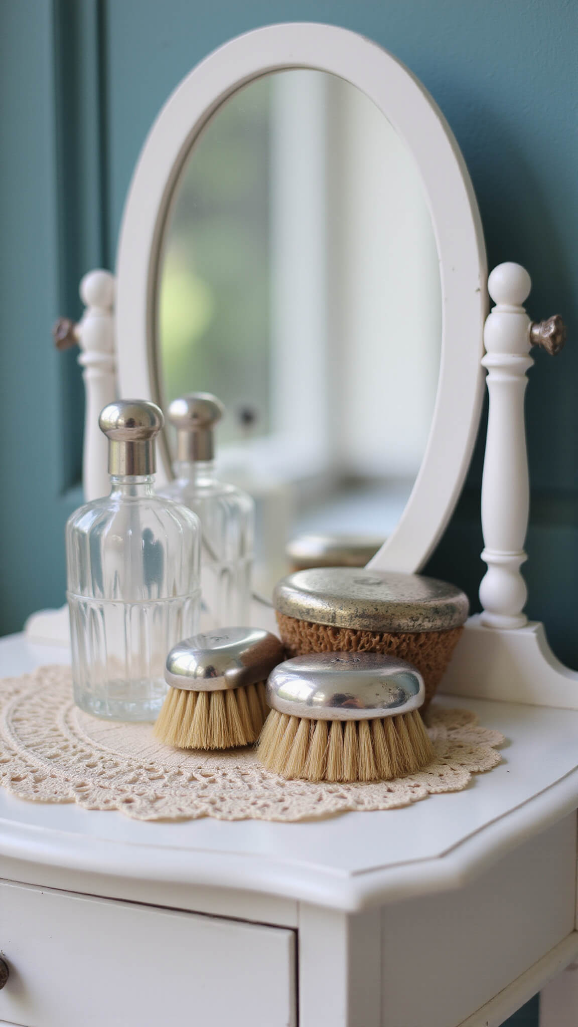 Vintage Victorian vanity with silver brushes, crystal perfume bottles, and lace doilies in soft afternoon light.