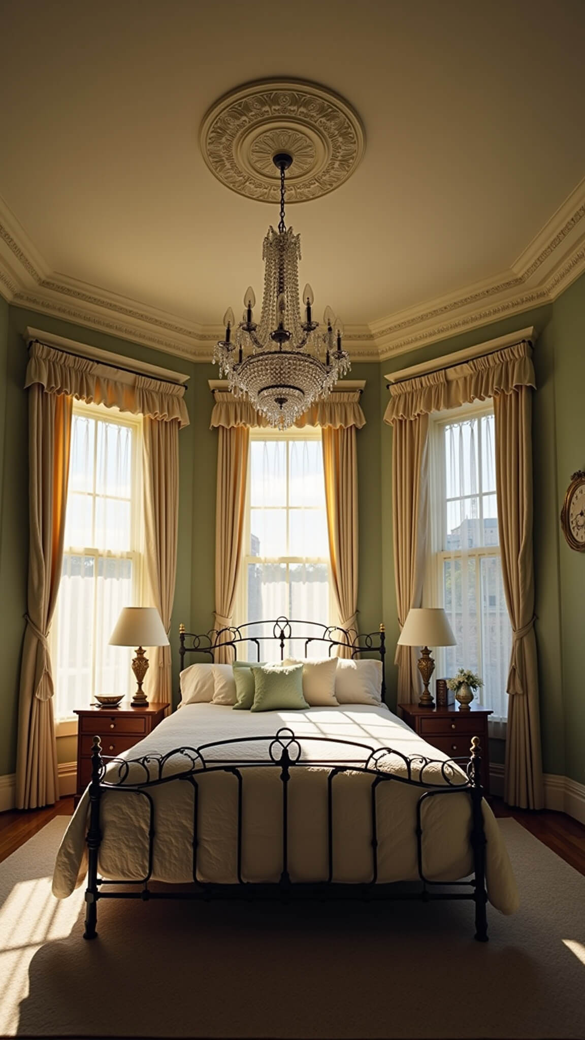 Master bedroom at sunset with iron bed, antique wardrobes, lace curtains, and chandelier in golden light.