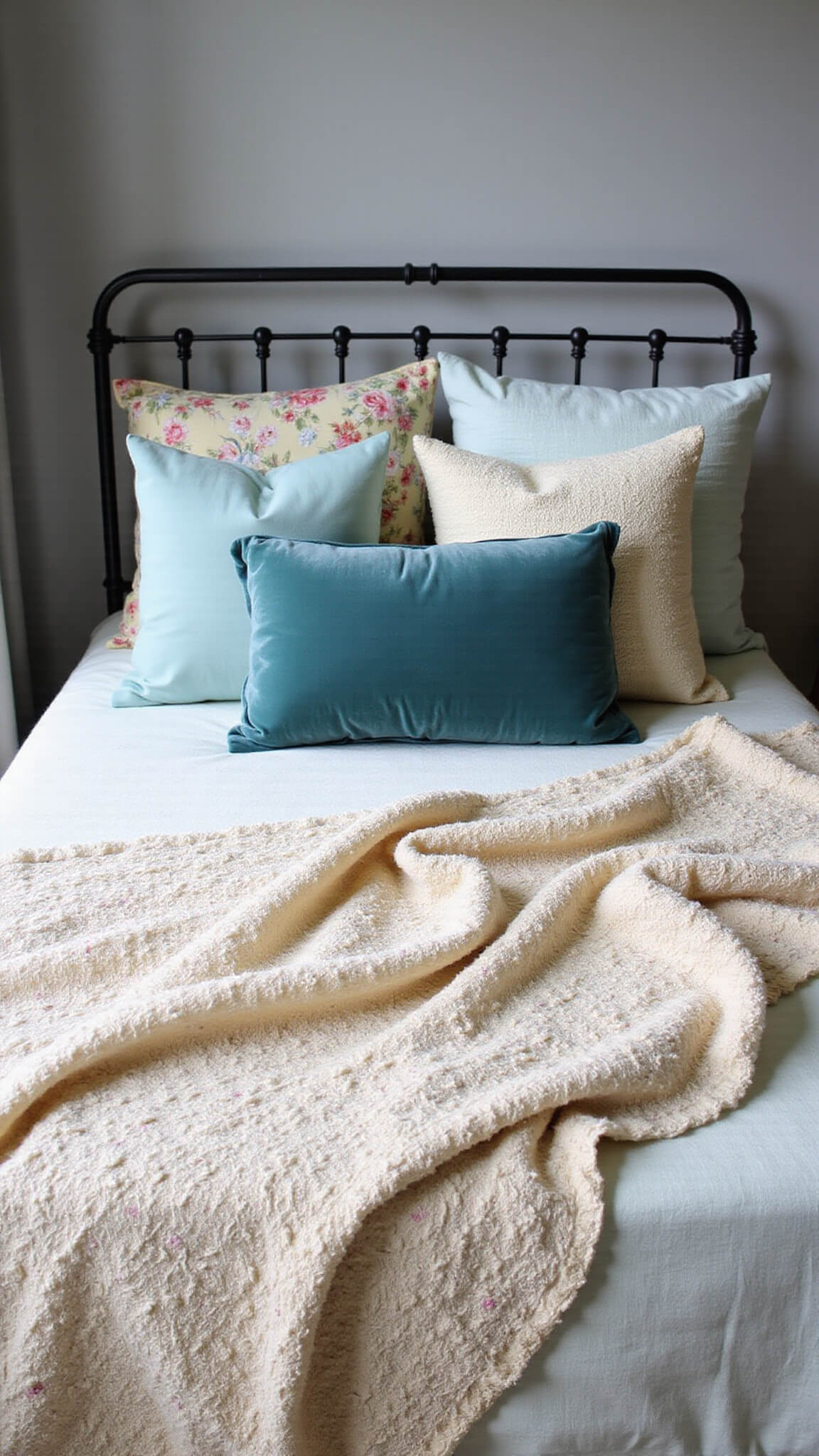 Close-up of vintage quilt, crochet throw, velvet pillows, and lace on iron bed in soft morning light against grey wall.