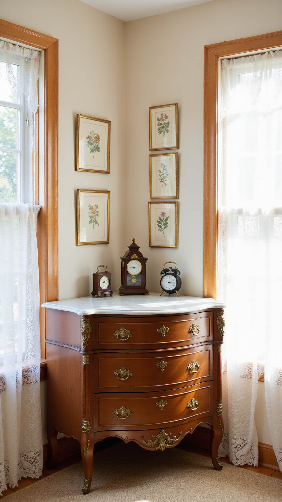 Victorian-style guest bedroom with marble-top dresser, brass-framed botanical prints, vintage alarm clocks, ivory walls, wood trim, and lace-curtained window filtering midday light.