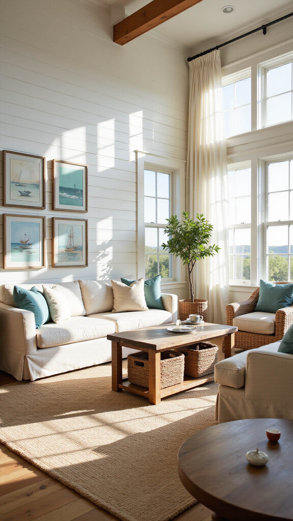 Coastal living room with white shiplap walls, exposed beams, slipcovered sofa, wicker chairs, jute rug, and driftwood accents lit by late afternoon sun through tall windows.