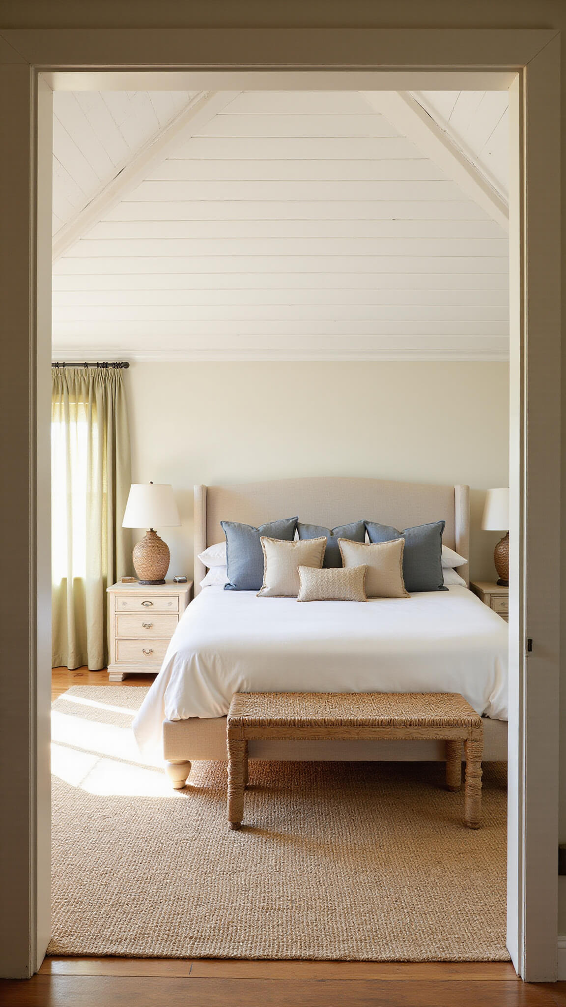 Master bedroom with vaulted ceiling, king bed in white linens, muted pillows, rattan bench, and warm golden hour light filtering through gauzy curtains.