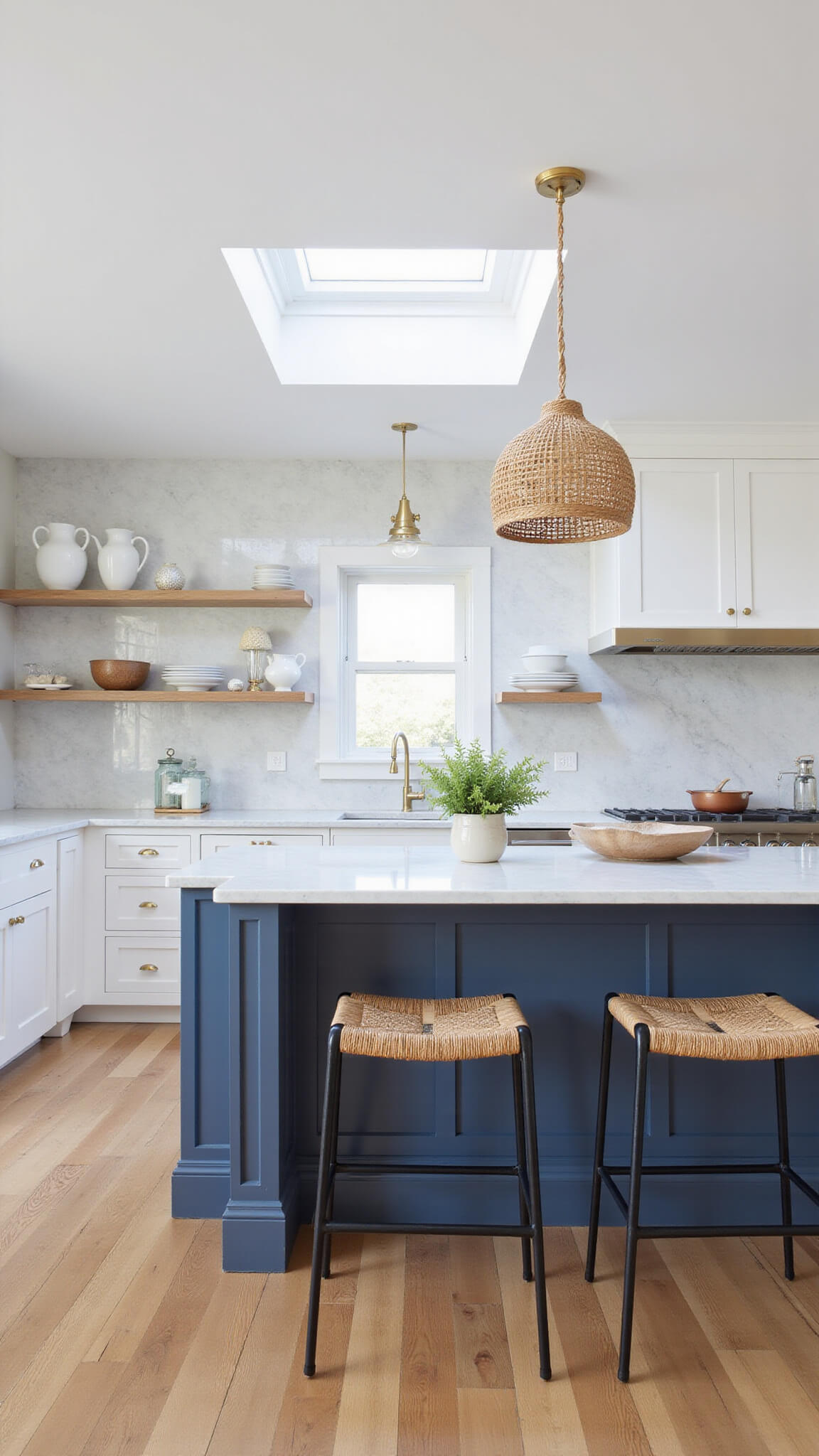 Coastal kitchen with white Shaker cabinets, navy island, marble countertops, open shelving, and rattan barstools under woven pendants.
