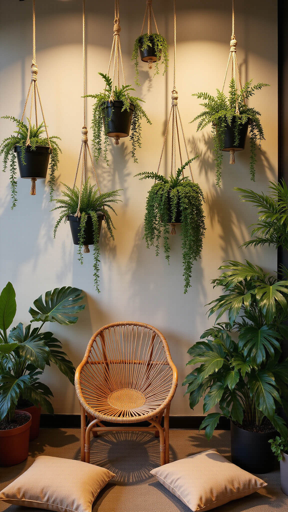 Asymmetrical plant wall with macrame hangers holding ferns, ivy, and string of hearts above a rattan peacock chair, surrounded by raw silk and velvet floor cushions, warmly lit with LED uplighting casting dramatic shadows.