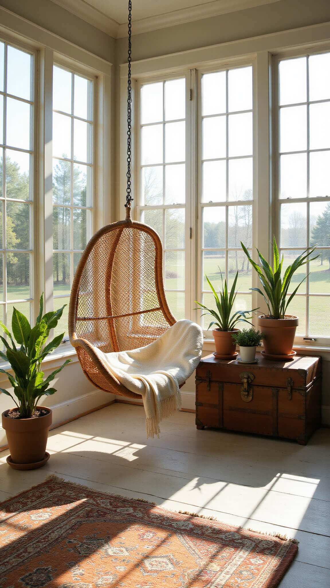 Sunlit sunroom corner with rattan hanging chair, vintage trunk coffee table, potted palms, and layered tribal and jute rugs on bleached wood floors.