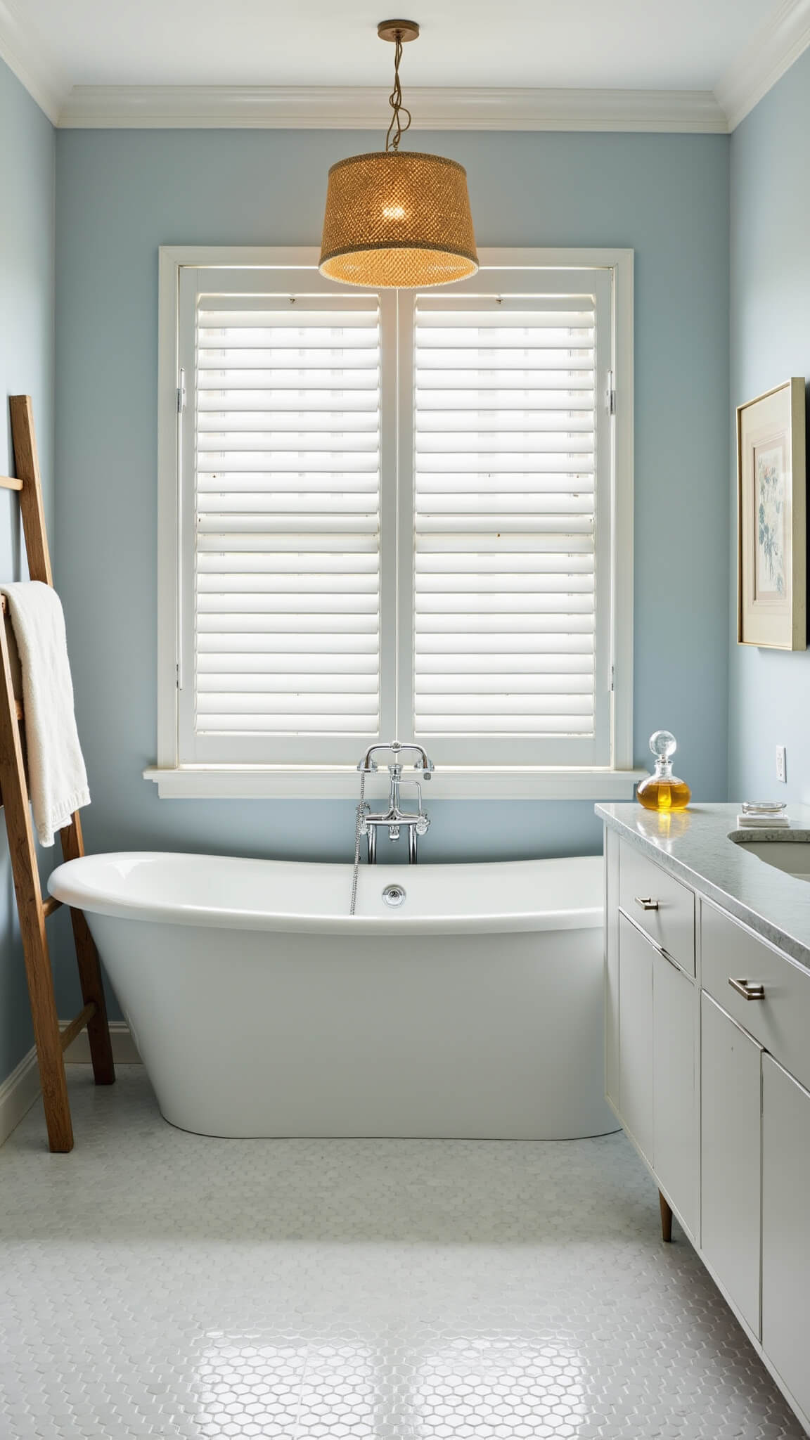 Primary bathroom with white freestanding tub under window, pale blue-gray walls, marble hex floor tiles, seagrass pendant light, wood towel ladder, and floating vanity with crystal decanter.