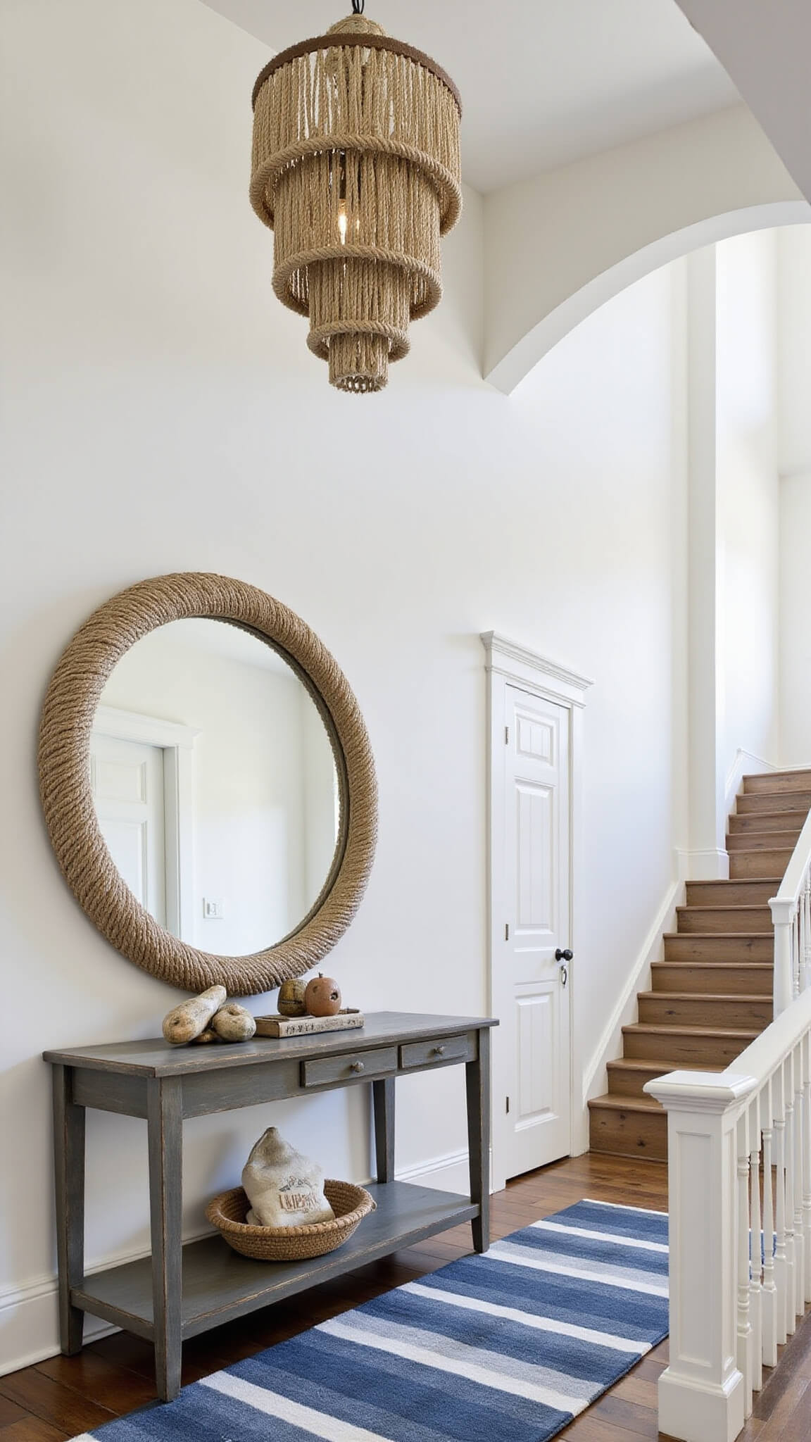 Two-story foyer with rope chandelier, weathered console table, round mirror, and striped runner leading to driftwood staircase.