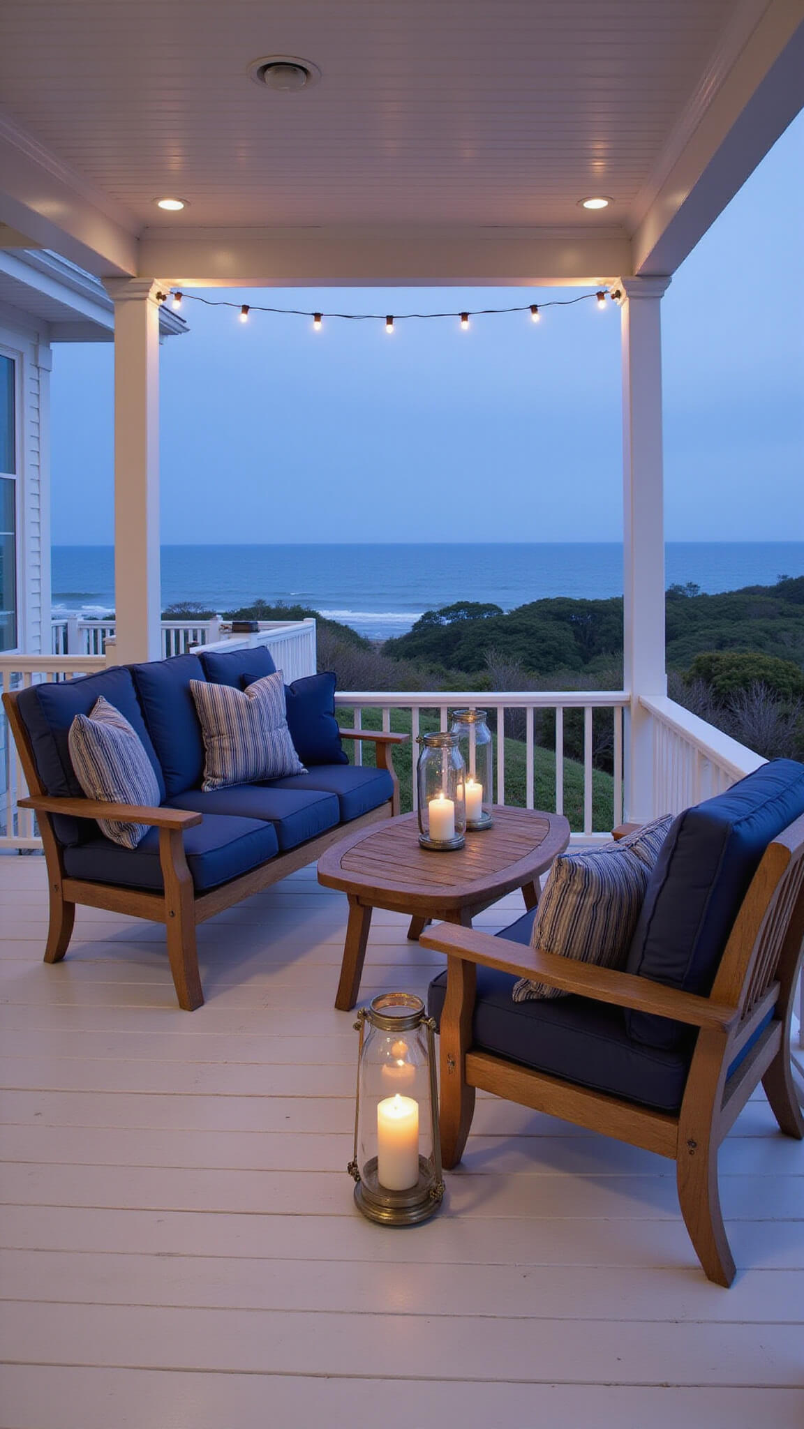 Covered porch at dusk with white decking, teak furniture in navy fabric, striped blue pillows, string lights, and ocean view.