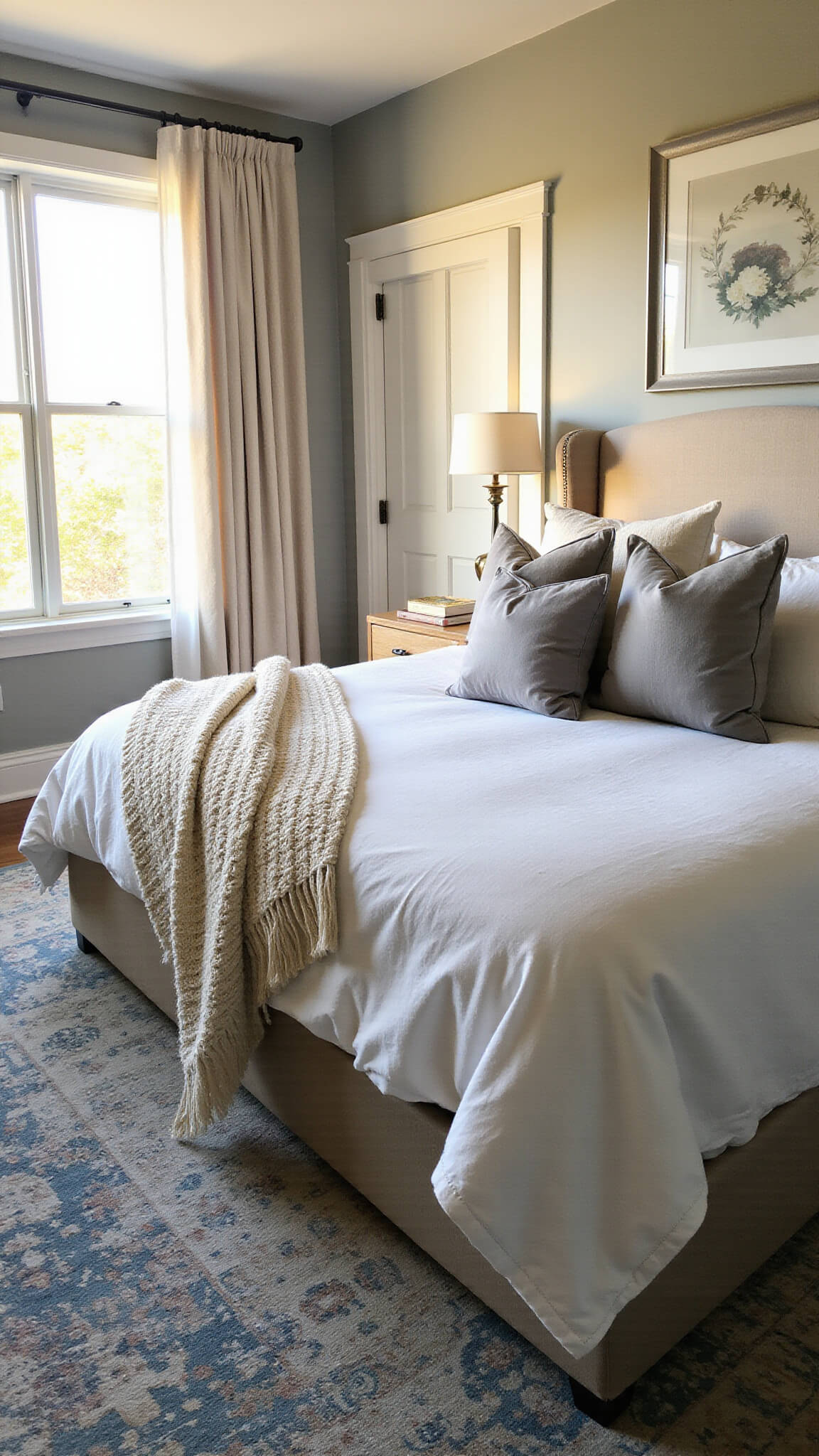 Transitional bedroom with queen bed, layered textiles, brass sconces, vintage Persian rug, and golden hour sunlight through floor-to-ceiling windows.