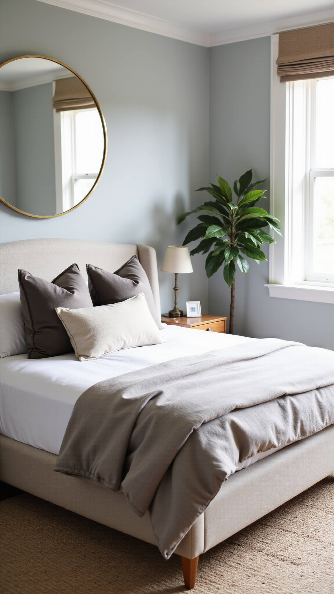 Modern 12x14ft bedroom with platform bed, oatmeal linen headboard, white and taupe bedding, velvet and linen pillows, brass mirror, fiddle leaf fig, and warm wood accents in mid-morning light.
