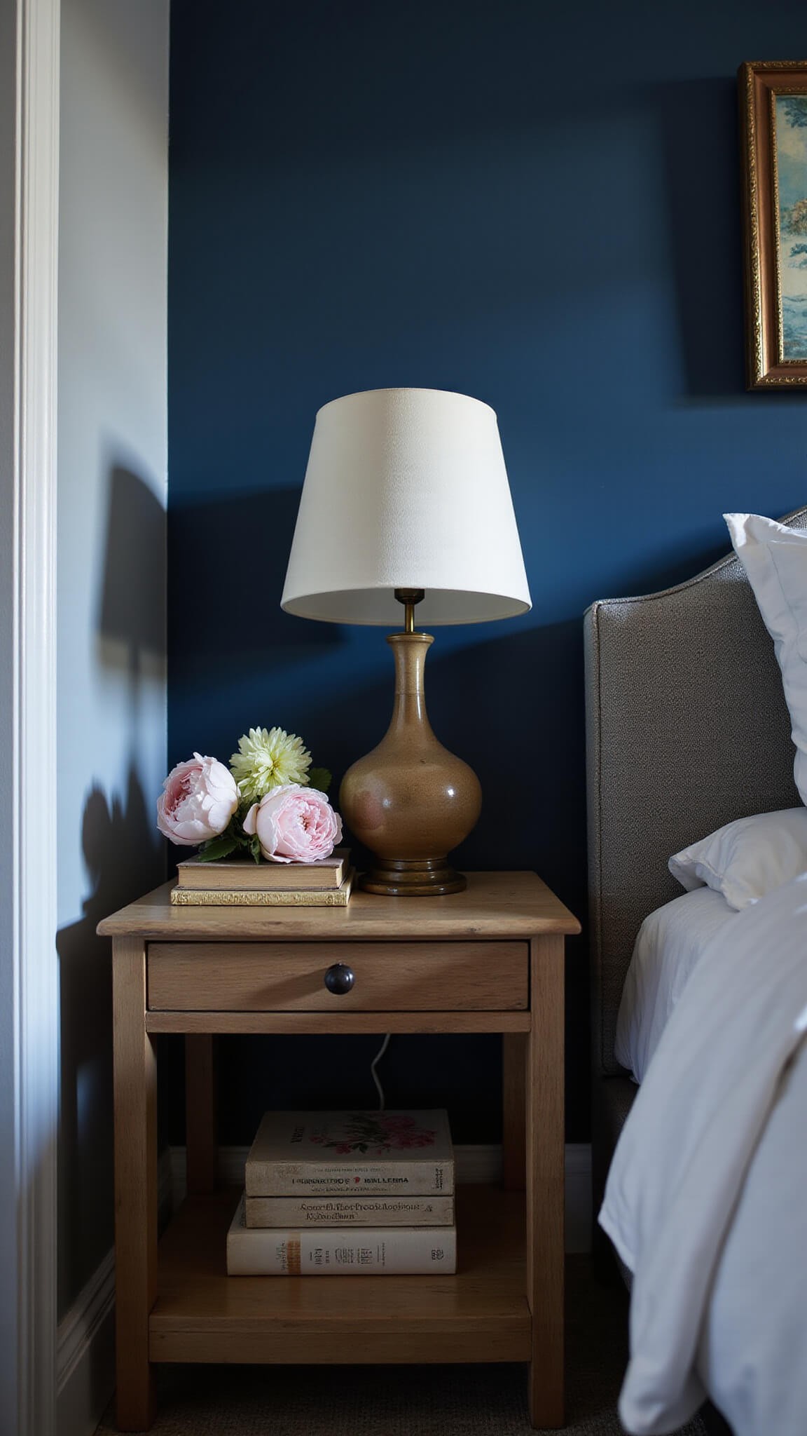 Blue hour bedside scene featuring a weathered oak nightstand with a ceramic lamp, vintage books, and fresh peonies, set against a navy 'Hague Blue' wall with dramatic shadows and textured details.