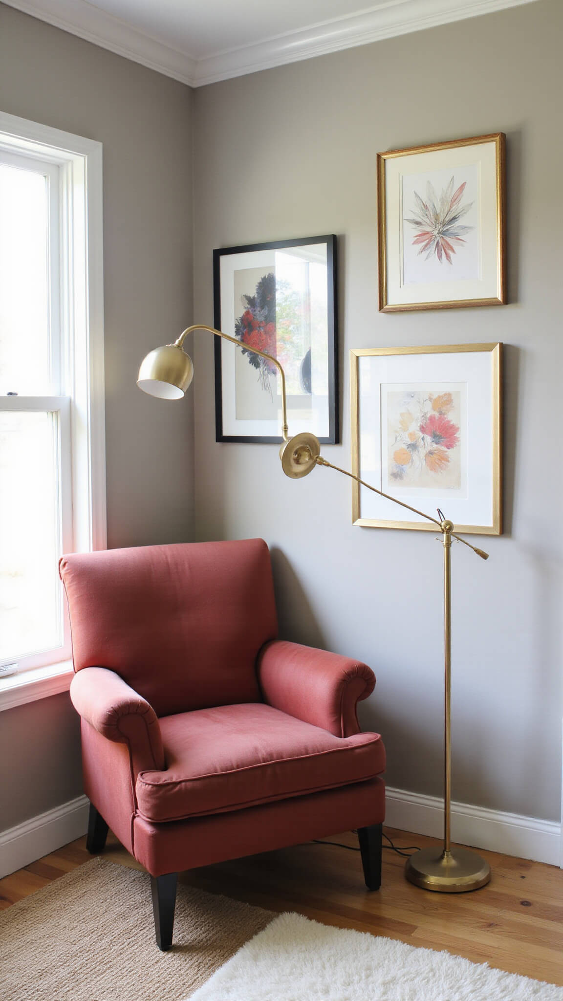 Cozy sunlit reading nook with velvet armchair, brass floor lamp, layered rugs, and abstract art in vintage gold frames against warm greige walls.