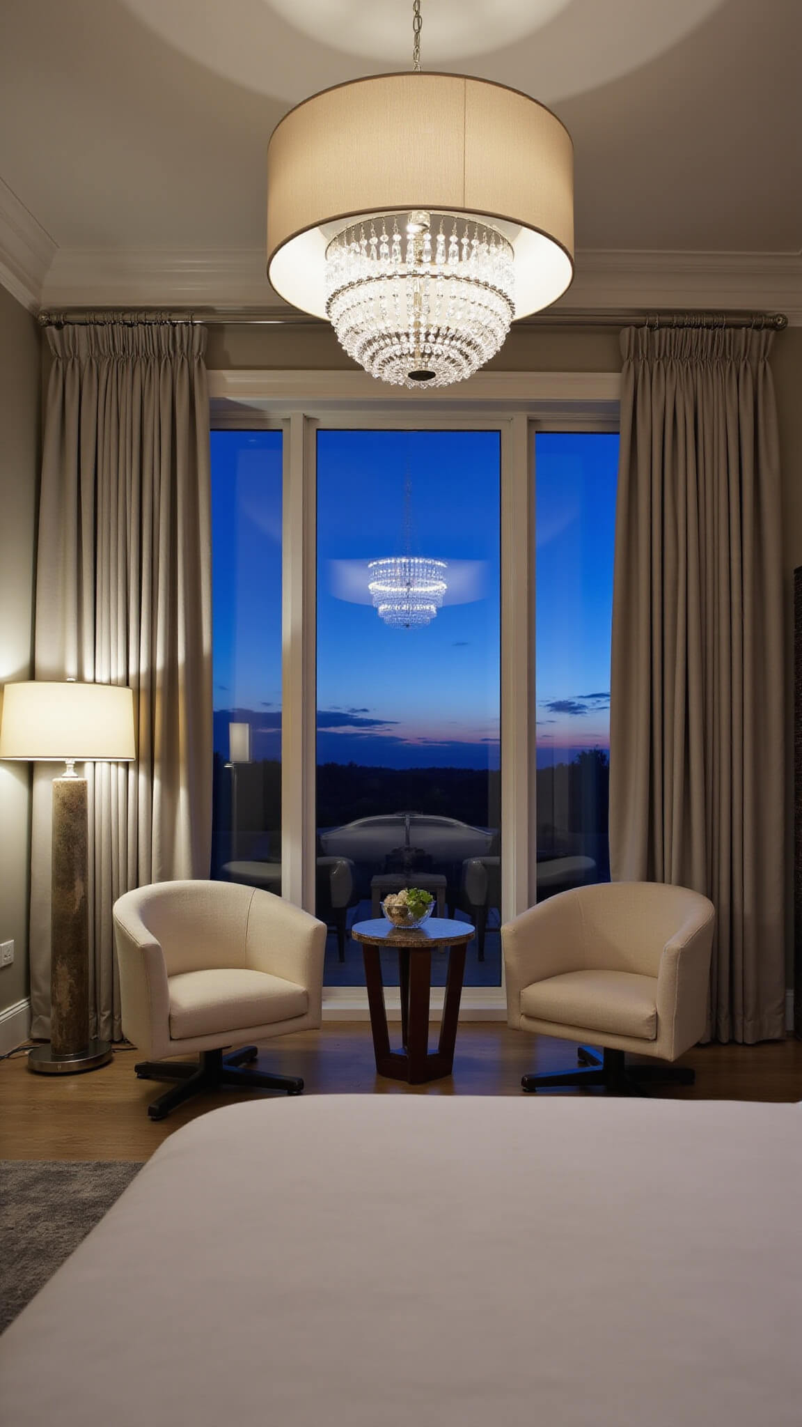 Contemporary master bedroom sitting area at dusk with bouclé swivel chairs, antique marble fireplace, crystal chandelier, silk drapes, and moody lighting in ivory, gray, and mauve tones.