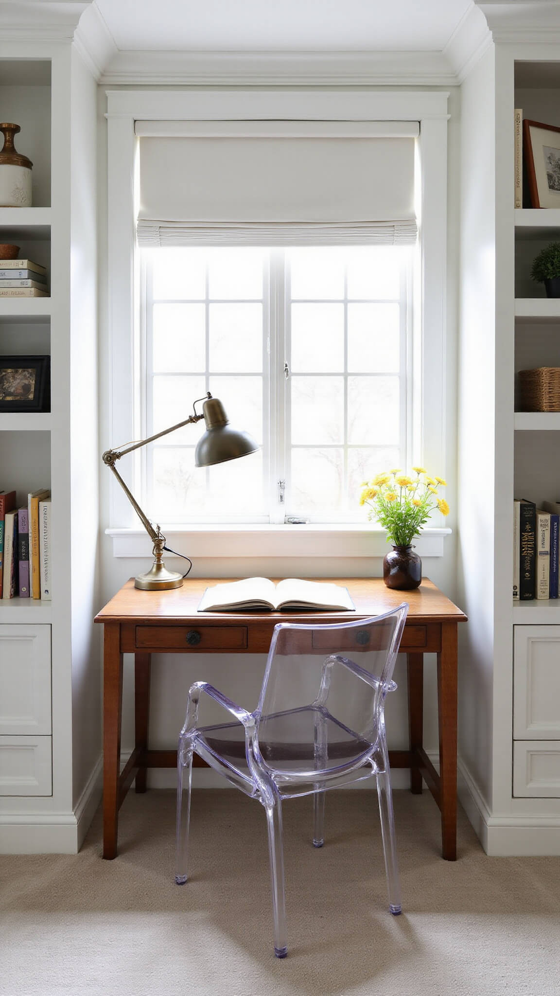 Morning light illuminates a bedroom workspace with a traditional writing desk, modern lucite chair, brass task lamp, vintage accessories, and built-in bookshelves against warm white walls with navy accents.
