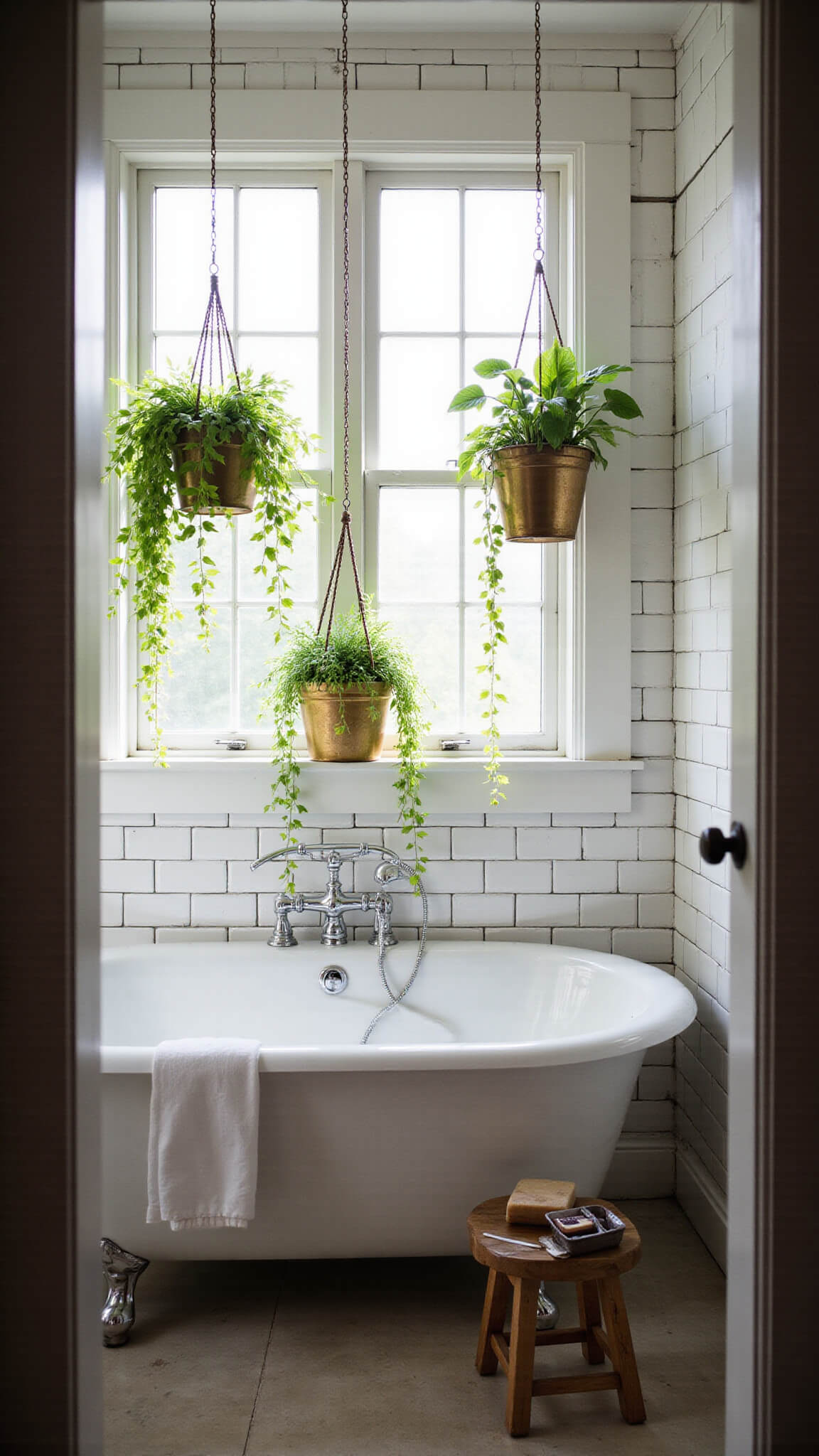Steamy bathroom with clawfoot tub framed by trailing plants in brass planters, white subway tiles, and wooden stool with handmade soaps, viewed through doorway.