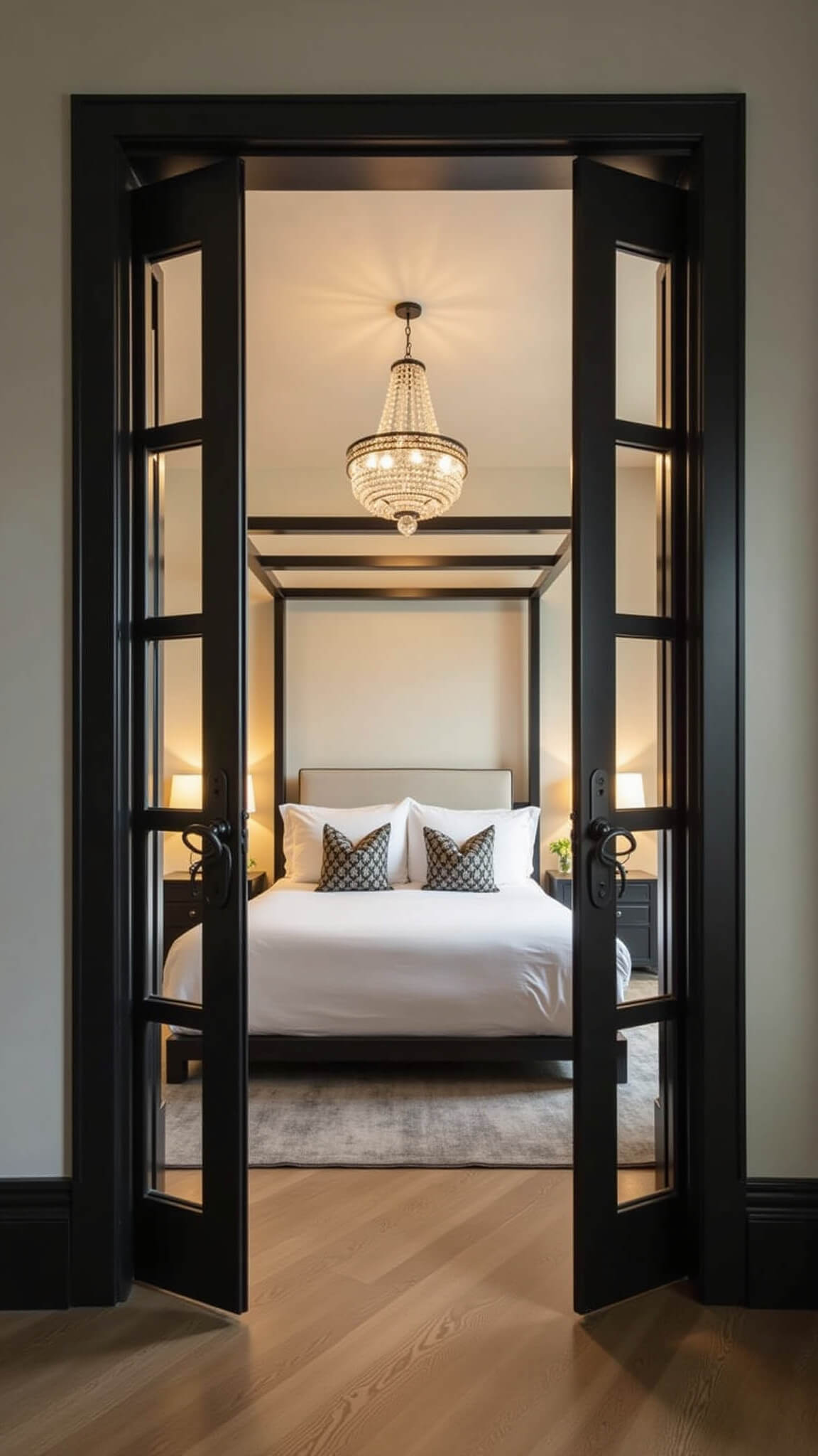 Sunset-lit master bedroom with black-framed French doors, modern canopy bed, crystal chandelier, and greige and cream decor.