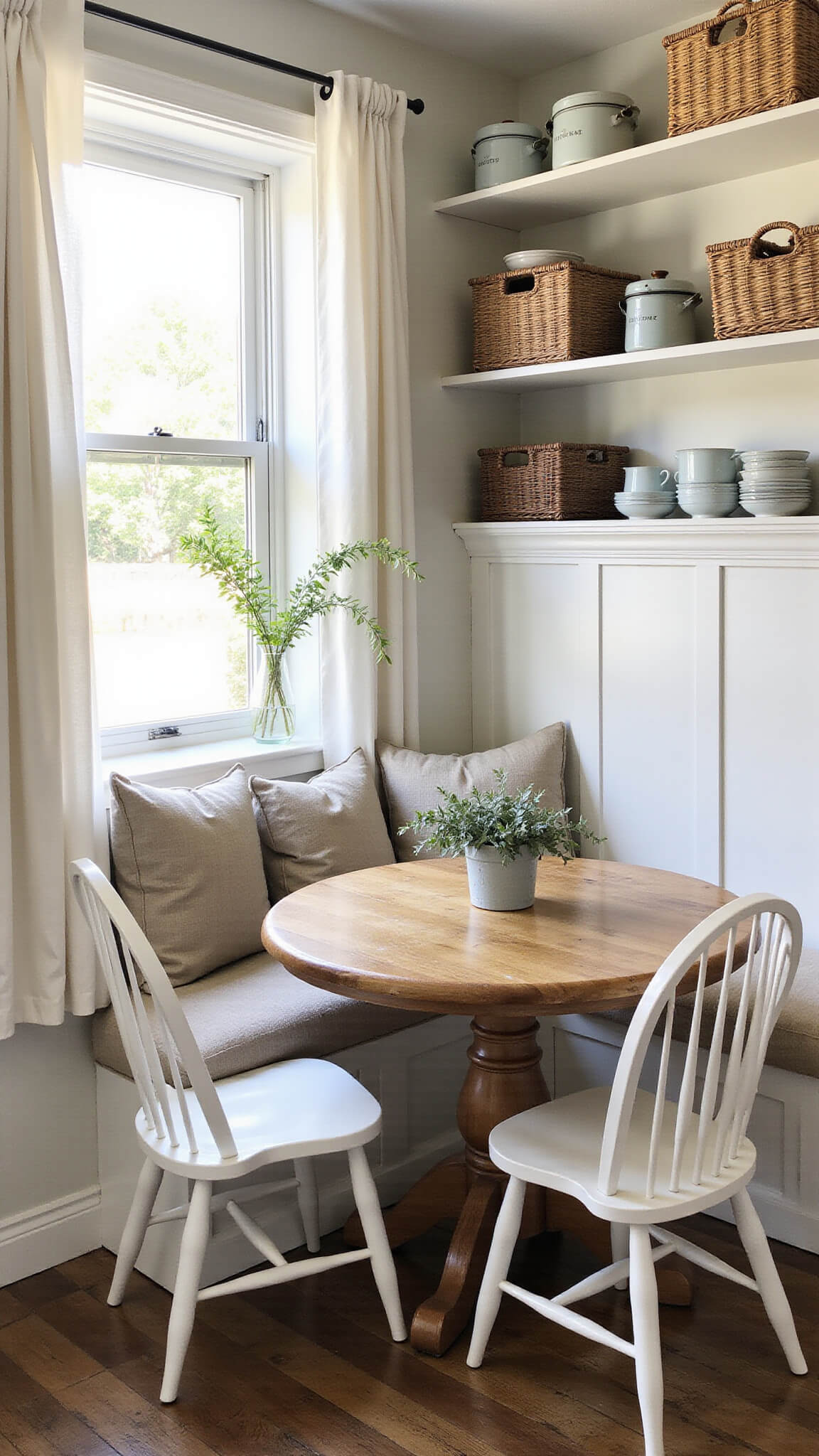 Cozy farmhouse kitchen nook with round pedestal table, white Windsor chairs, and built-in bench with linen cushions, bathed in soft morning light through cafe curtains.