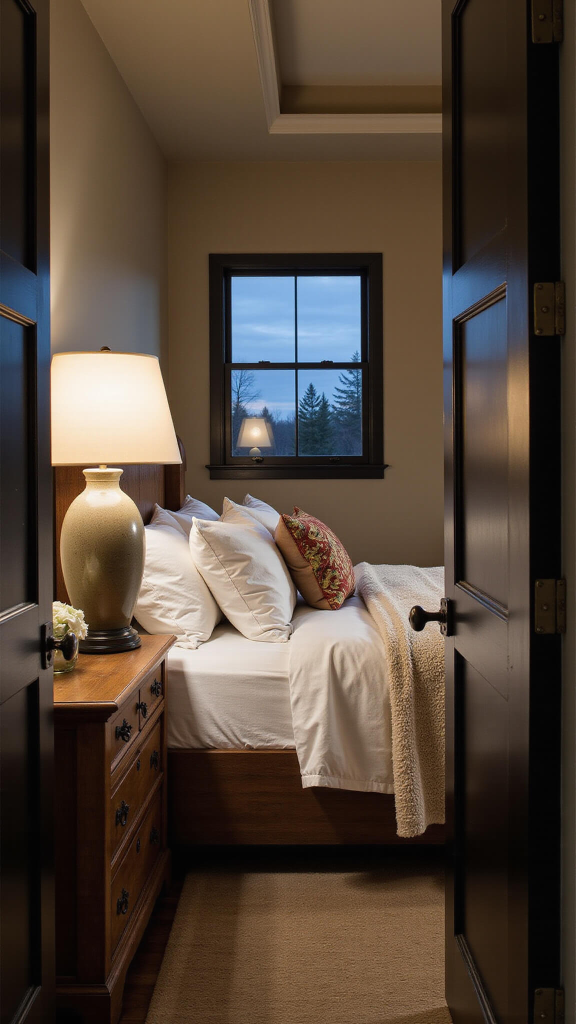 Master bedroom at dusk with moody lighting, king-sized bed in white linens and vintage quilts, tray ceiling, greige walls, black steel windows, and distressed wood nightstands.