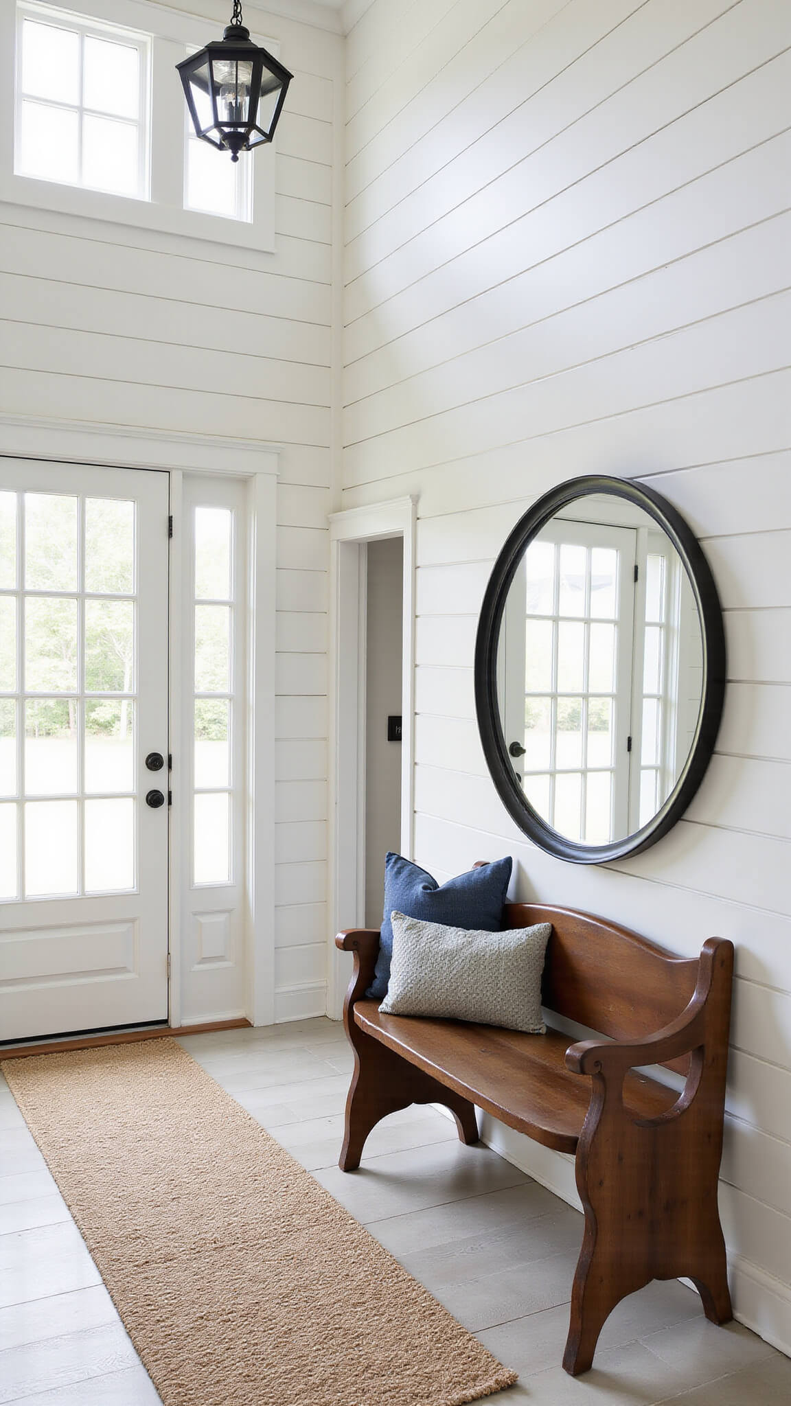 Modern farmhouse entryway with shiplap walls, vintage dark oak bench, round black-framed mirror, jute runner, and herringbone tile floor basked in natural light.