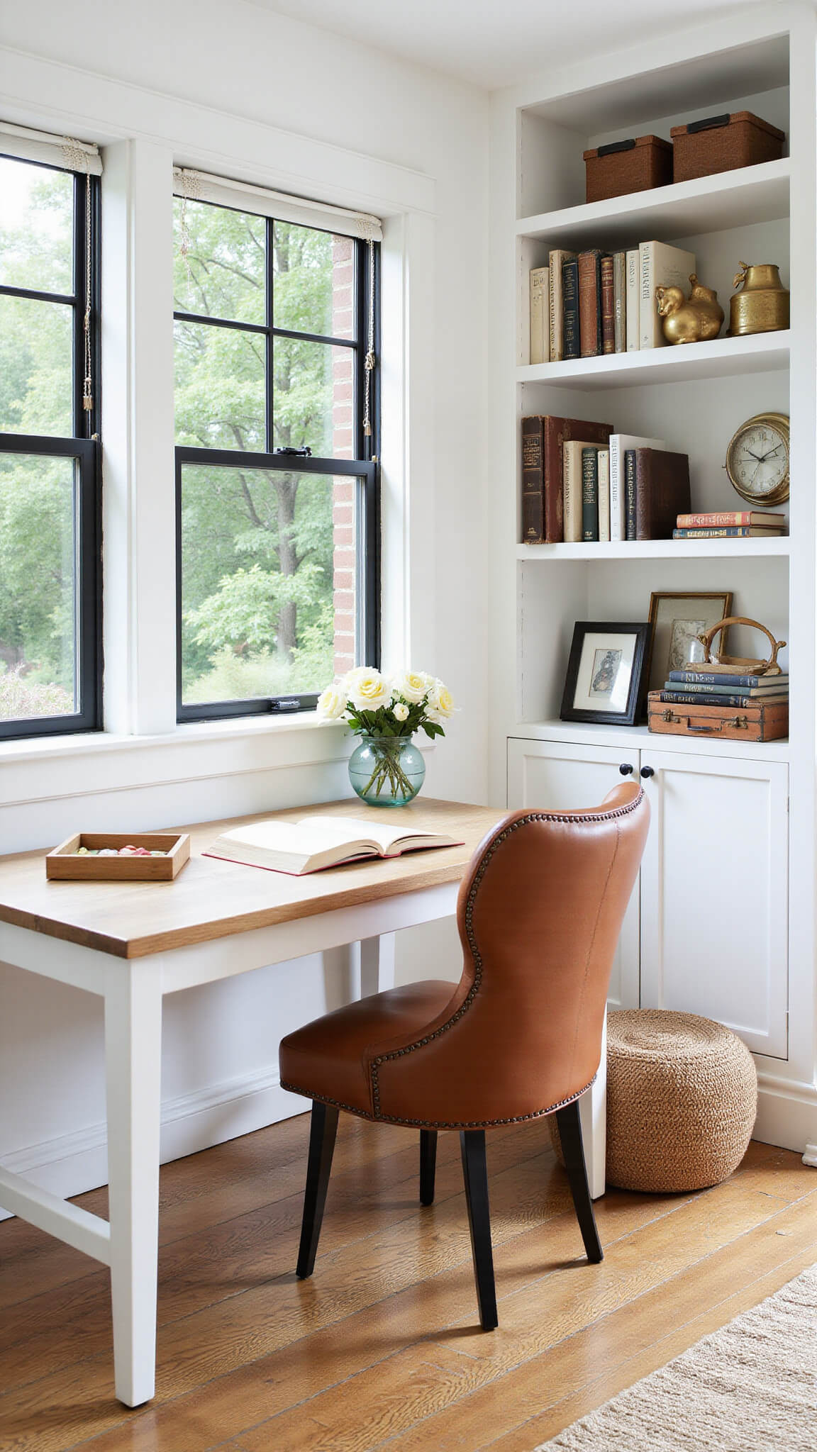 Modern farmhouse home office with white oak desk facing steel-framed garden windows, built-in white shelves displaying vintage books and brass decor, leather chair and jute pouf adding texture.