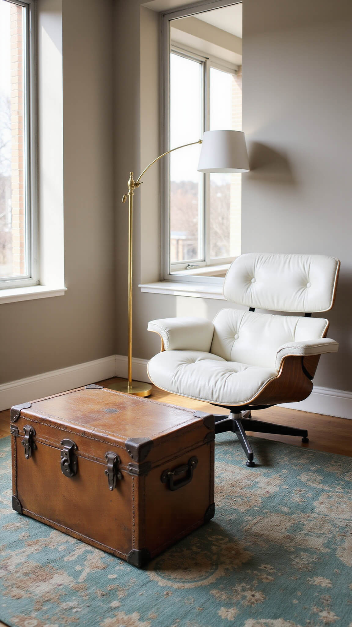 Bright 14x16ft living room with natural sunlight, featuring a white Eames lounge chair, vintage 1920s leather trunk coffee table on a Persian rug, brass floor lamp, and greige walls.