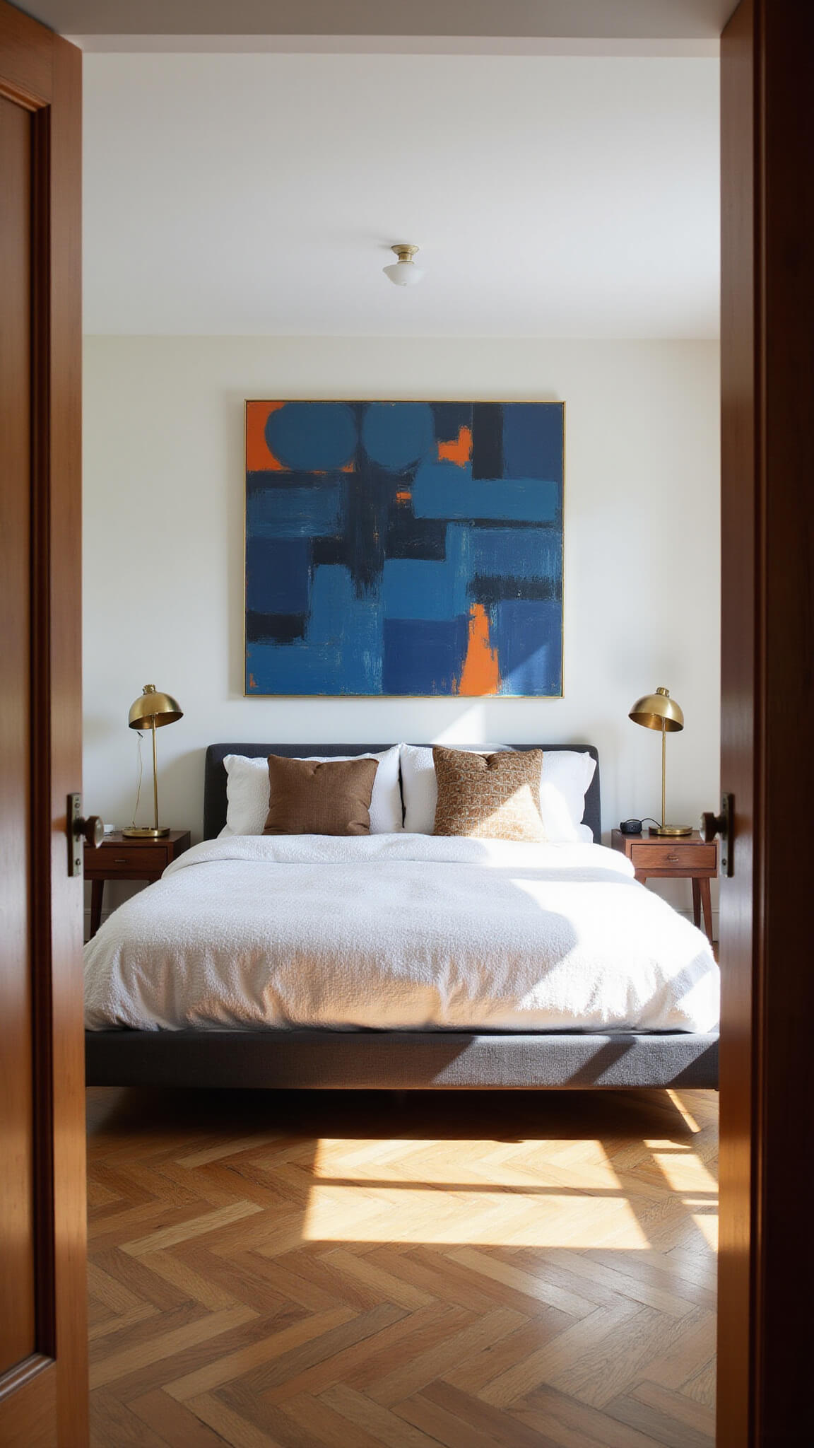 Modern master bedroom with tray ceiling, low-profile charcoal bed, vintage brass lamps, abstract 1950s art, textured white bedding, and herringbone oak floors lit by golden hour light.